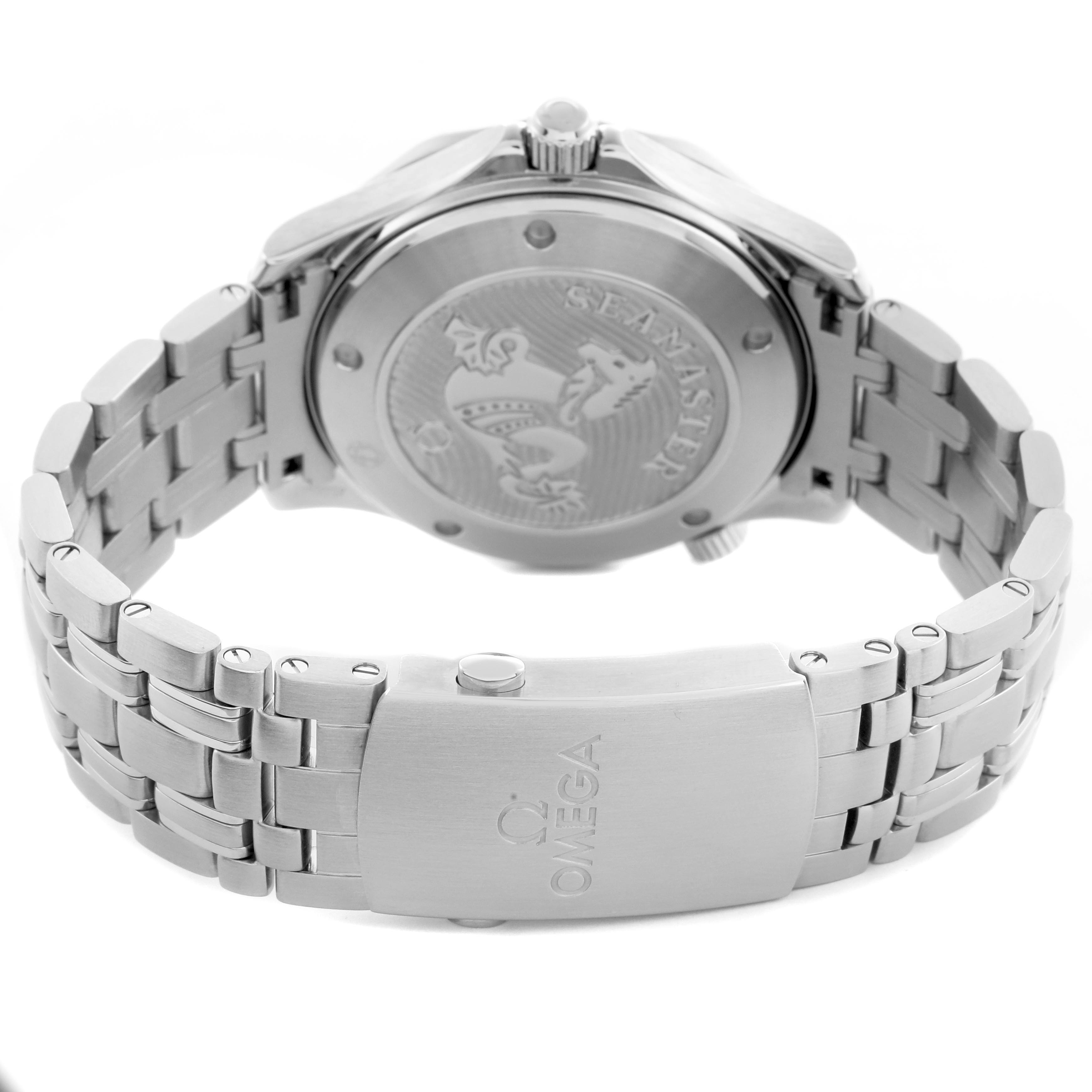 The image shows the back and bracelet of an Omega Seamaster 212.30.41.20.03.001 Men's Stainless Steel Blue Dial 212.30.41.20.03.001 Men's Stainless Steel Blue Dial, highlighting the case back engraving and clasp with the Omega logo.