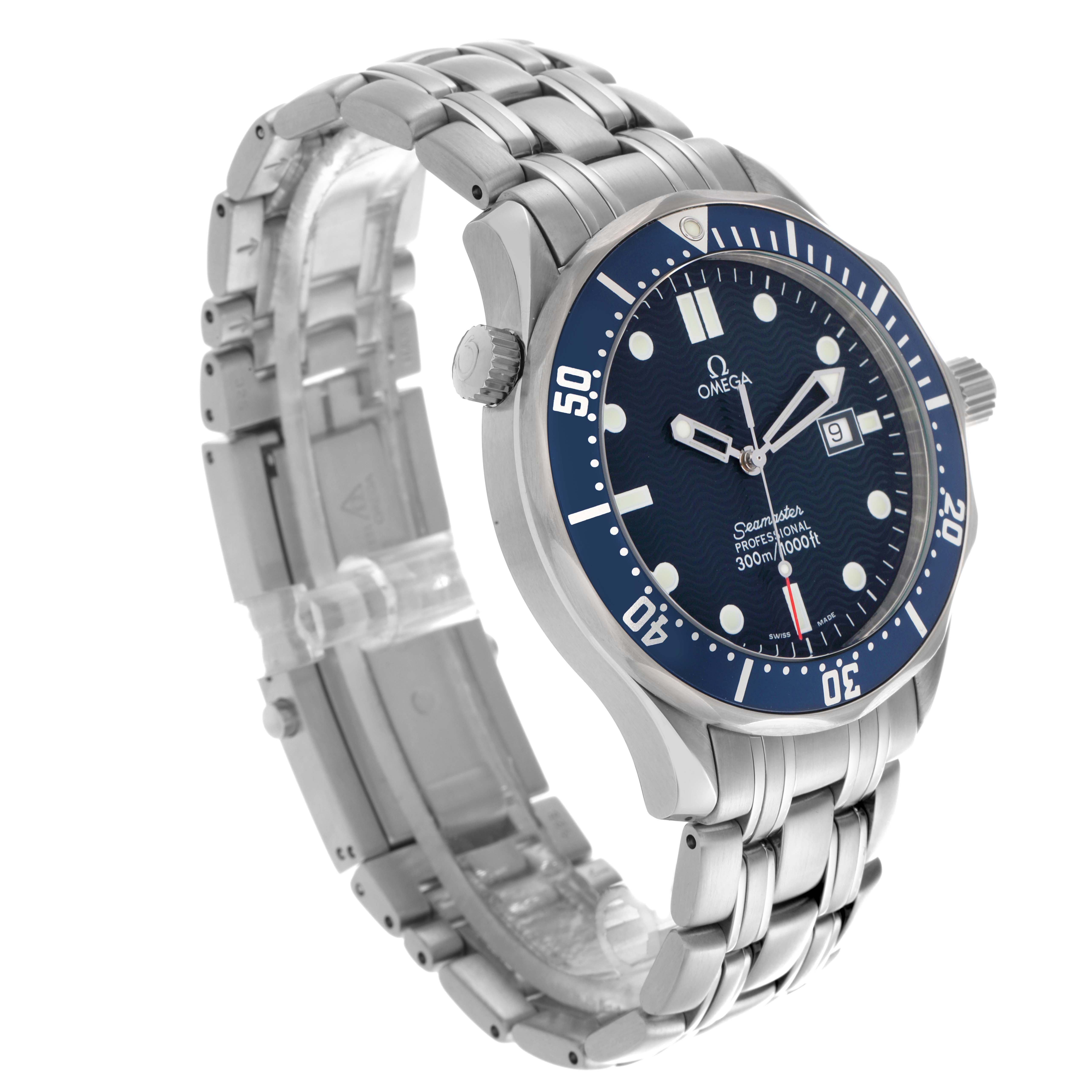 The Omega Seamaster 2541.80.00 Men
s Stainless Steel Blue Dial 2541.80.00 Men
s Stainless Steel Blue Dial watch is shown at a 3/4 angle, displaying its face, bezel, crown, and part of the bracelet.