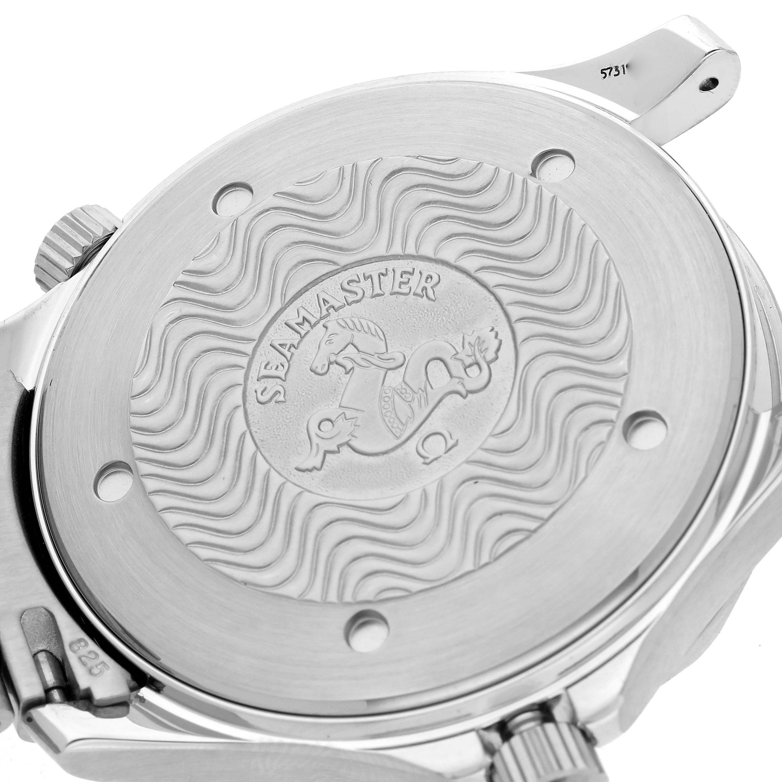 The image shows the case back of an Omega Seamaster 2541.80.00 Men
s Stainless Steel Blue Dial 2541.80.00 Men
s Stainless Steel Blue Dial watch from an angled top view.