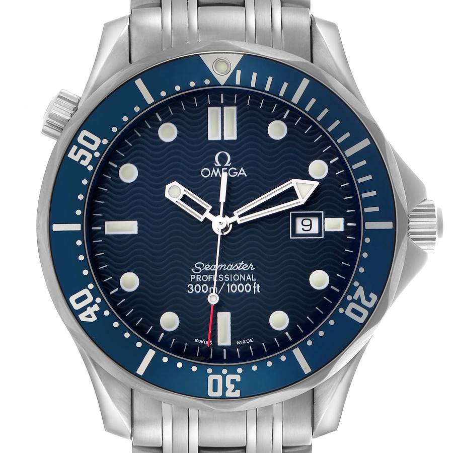 The Omega Seamaster watch is shown from a front angle, highlighting the dial, bezel, and part of the bracelet.