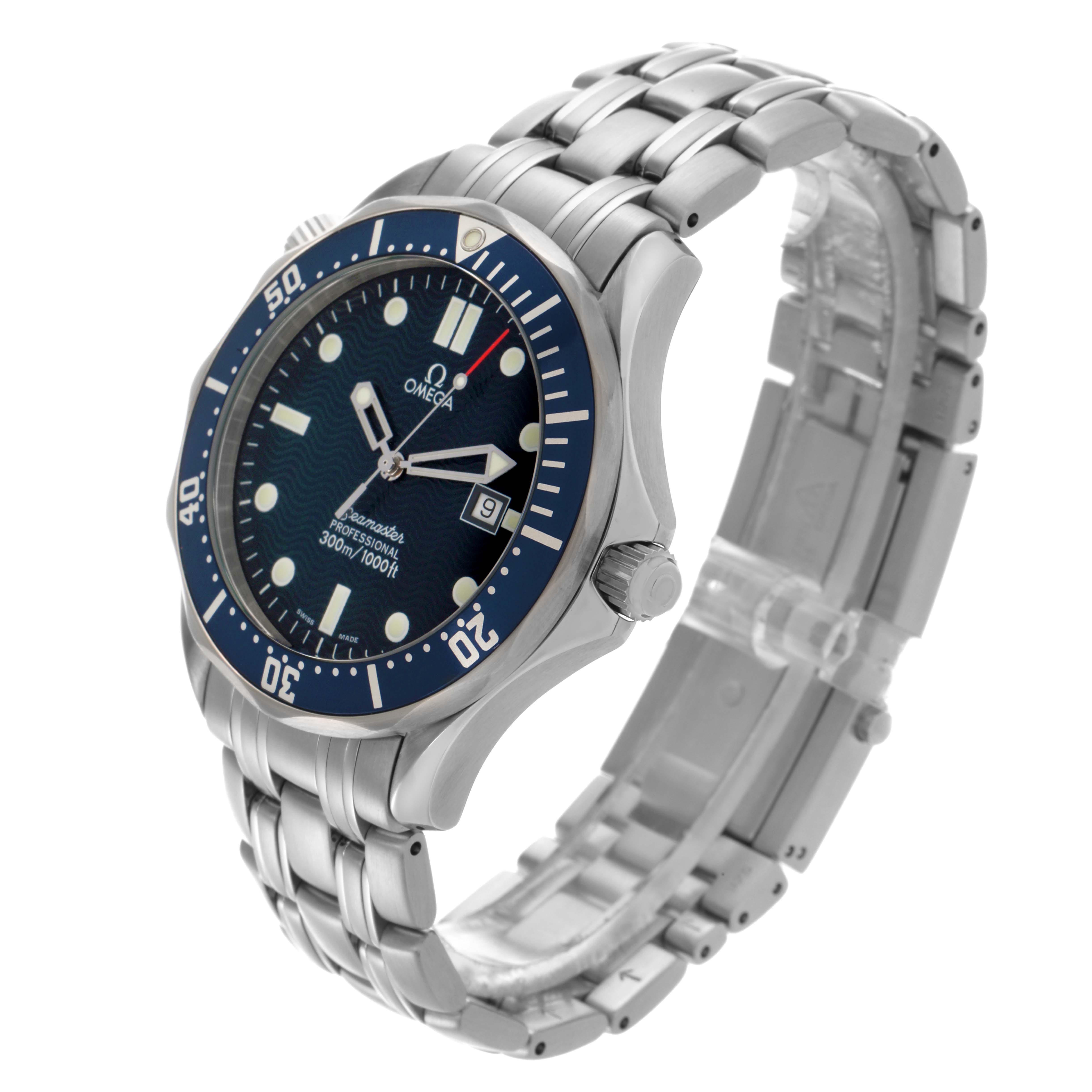 The Omega Seamaster 2541.80.00 Men
s Stainless Steel Blue Dial 2541.80.00 Men
s Stainless Steel Blue Dial watch is shown from an angled side view, displaying the bezel, face, and stainless steel bracelet.