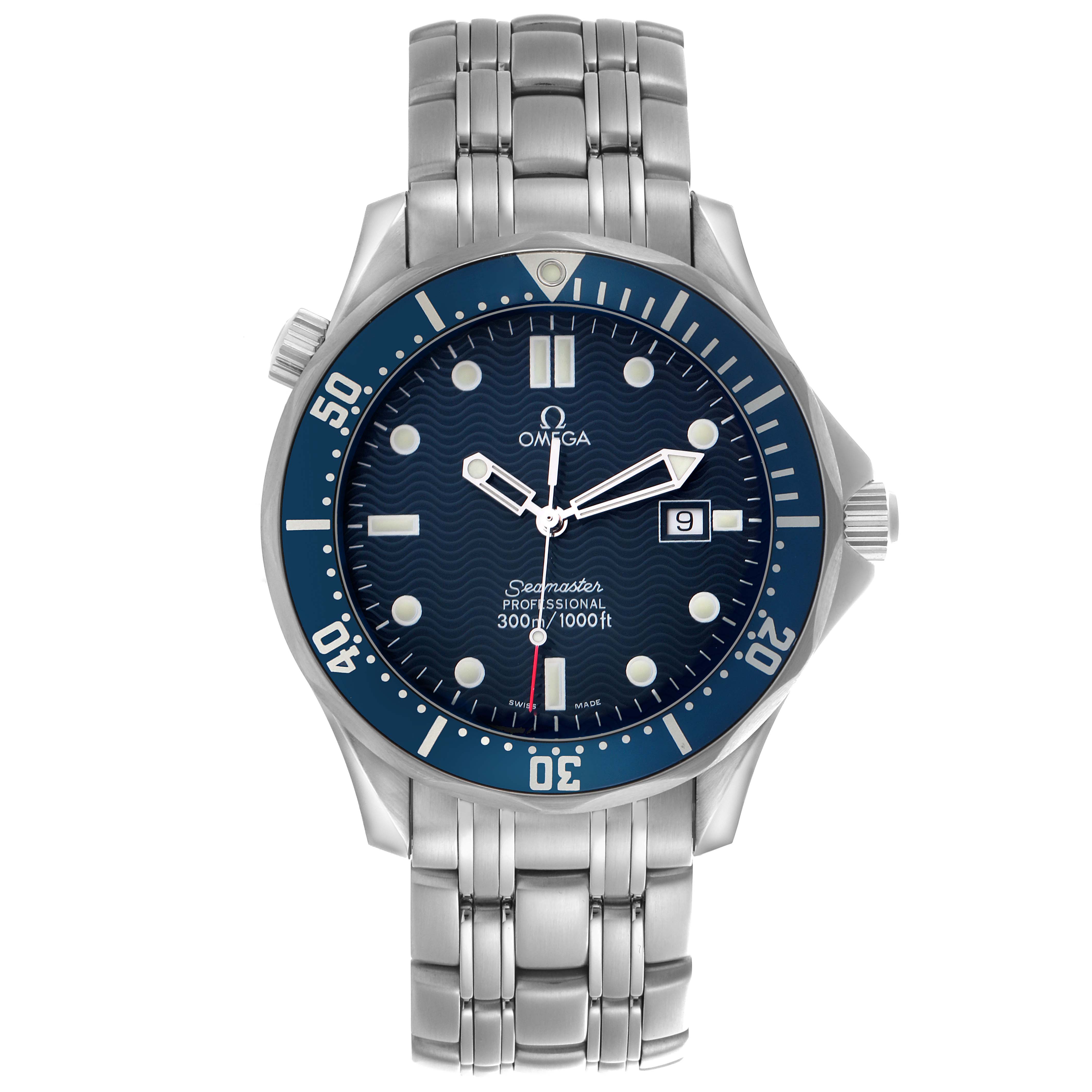 The Omega Seamaster 2541.80.00 Men
s Stainless Steel Blue Dial 2541.80.00 Men
s Stainless Steel Blue Dial watch is shown from a front angle, displaying the dial, bezel, bracelet, and crown.