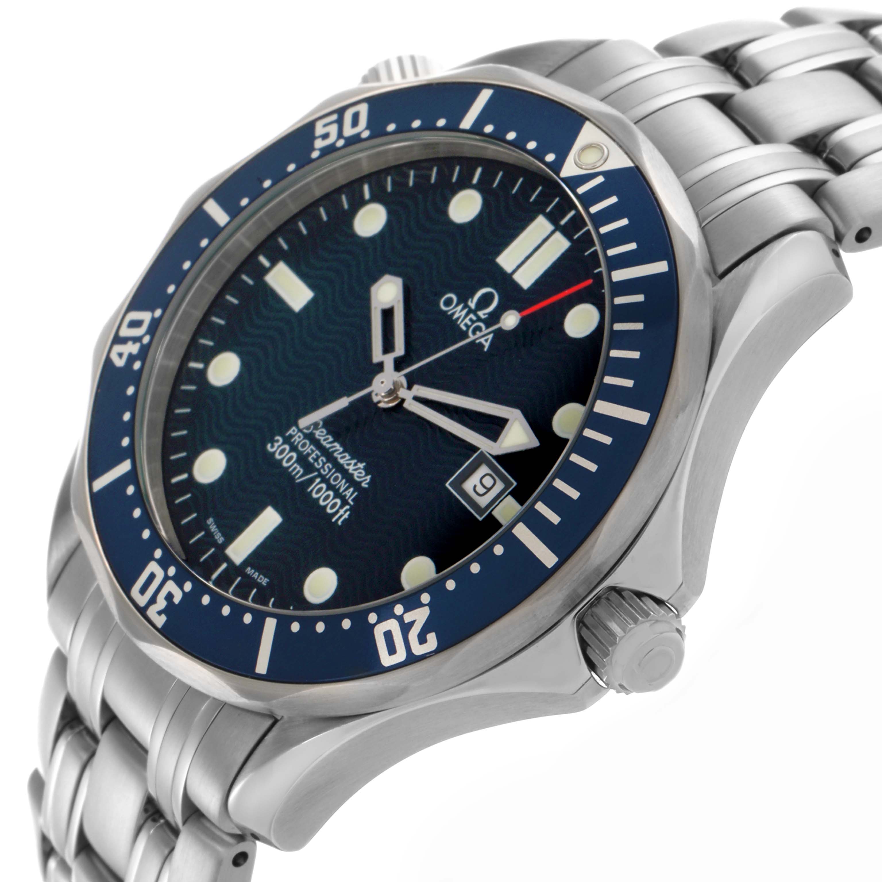 The Omega Seamaster 2541.80.00 Men
s Stainless Steel Blue Dial 2541.80.00 Men
s Stainless Steel Blue Dial watch is shown at a slight angle, highlighting the face, bezel, crown, and part of the metal bracelet.
