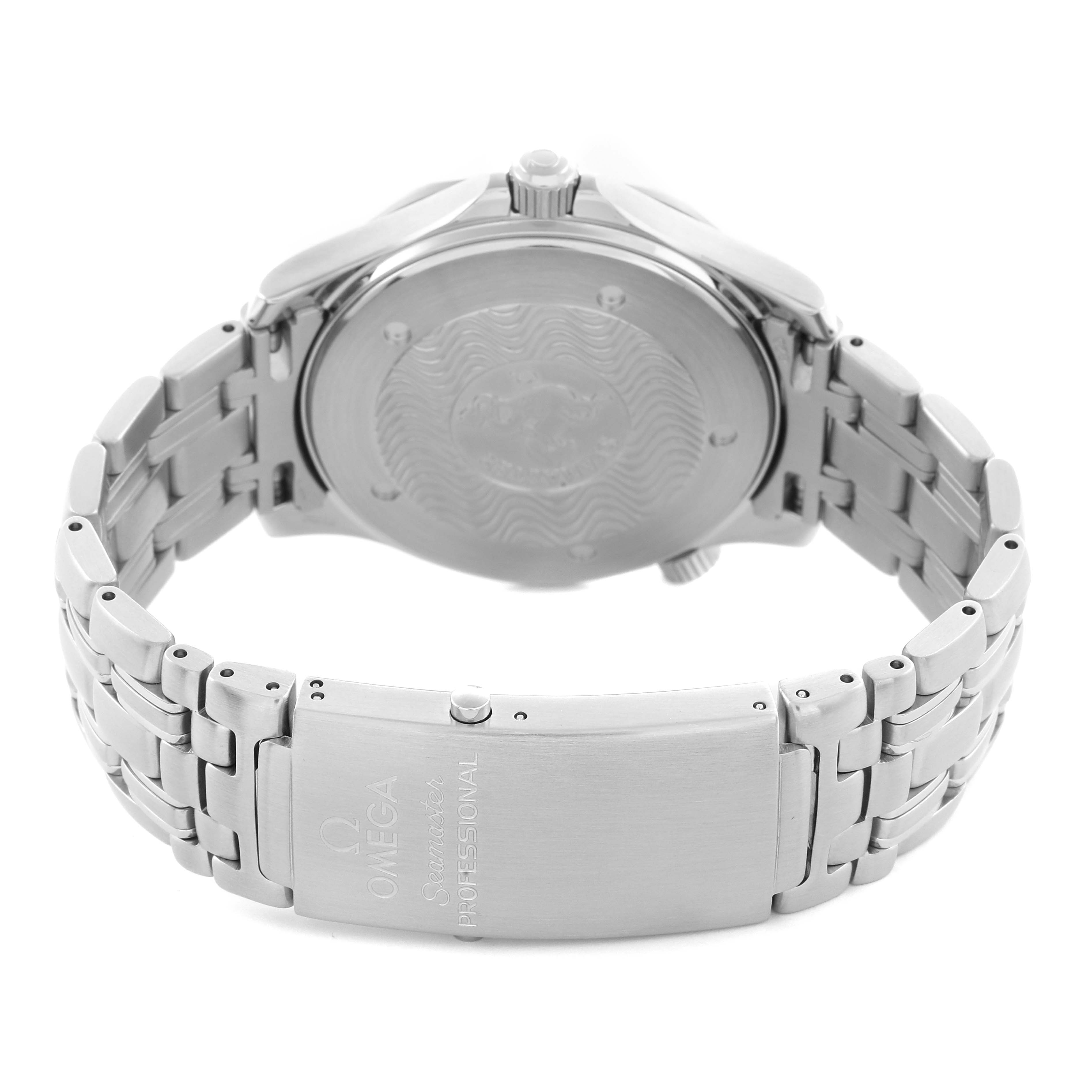 The image shows the back and bracelet clasp of an Omega Seamaster 2541.80.00 Men
s Stainless Steel Blue Dial 2541.80.00 Men
s Stainless Steel Blue Dial watch at a rear angle.