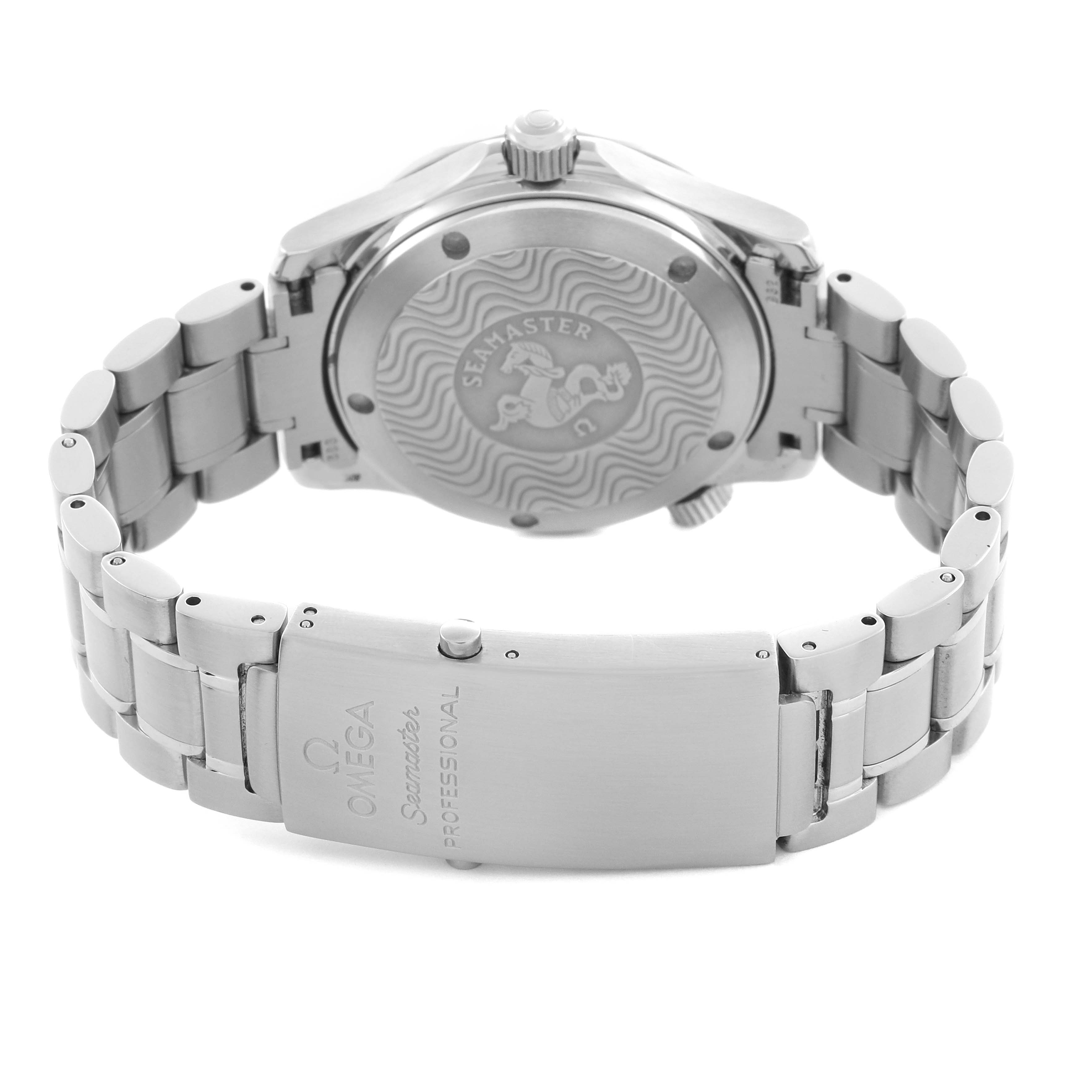 The image shows the back of an Omega Seamaster 2252.50.00 Men's Stainless Steel Black Dial 2252.50.00 Men's Stainless Steel Black Dial watch, highlighting the closed clasp, bracelet, and case back with logo.