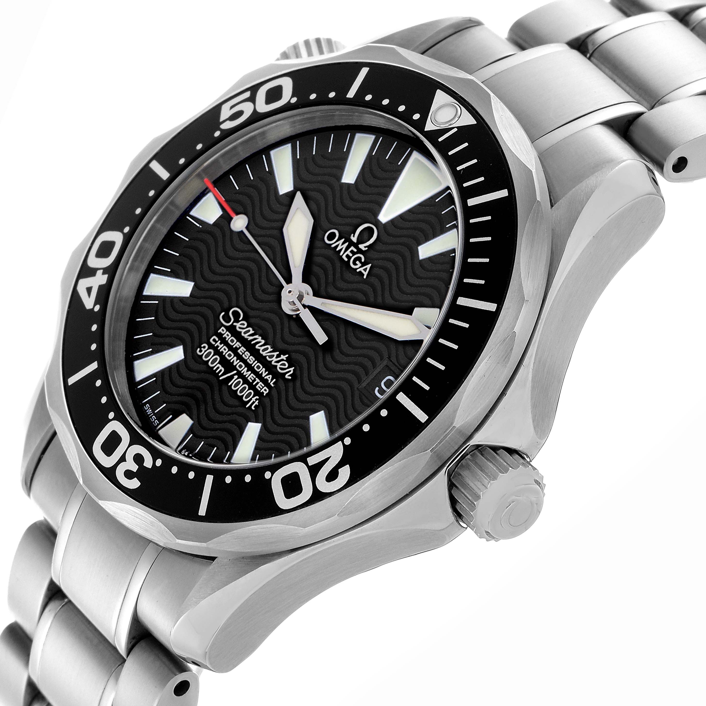 The Omega Seamaster 2252.50.00 Men's Stainless Steel Black Dial 2252.50.00 Men's Stainless Steel Black Dial watch is shown at a slight angle, highlighting the bezel, dial, and part of the bracelet.