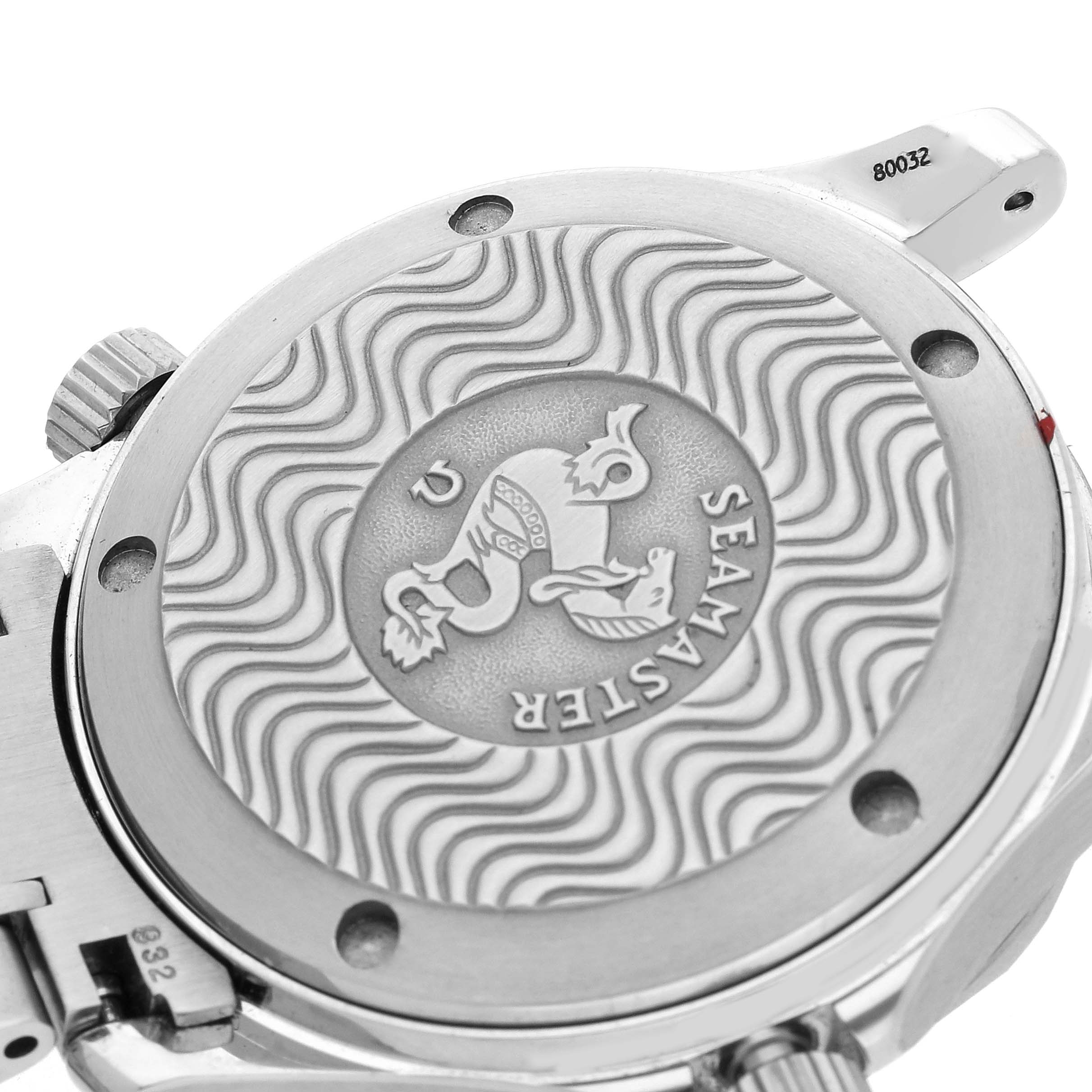 The image shows the back of an Omega Seamaster 2252.50.00 Men's Stainless Steel Black Dial 2252.50.00 Men's Stainless Steel Black Dial watch, highlighting its case back design and engravings.