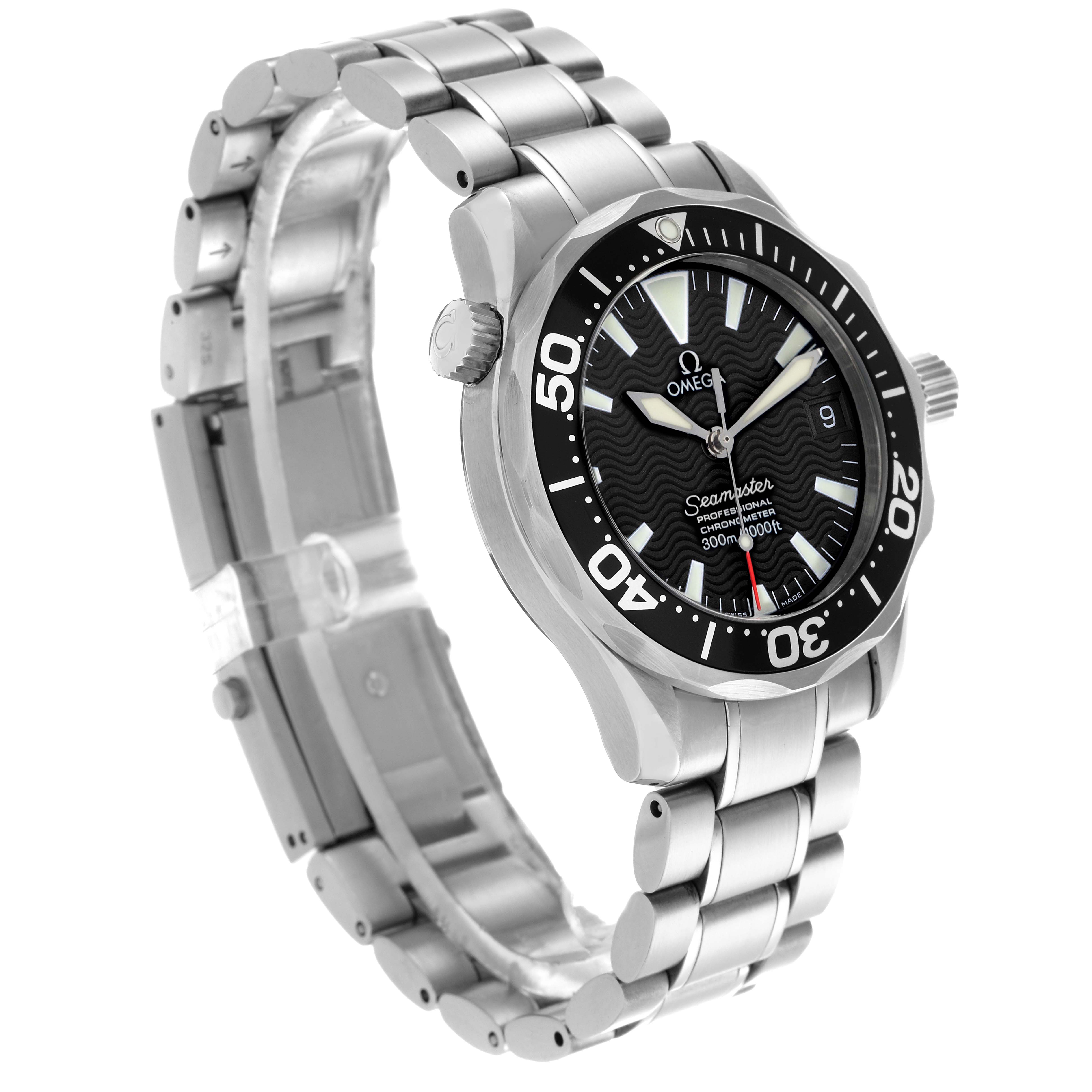 The image shows an Omega Seamaster 2252.50.00 Men's Stainless Steel Black Dial 2252.50.00 Men's Stainless Steel Black Dial watch angled to display the face, bezel, crown, and stainless steel bracelet.