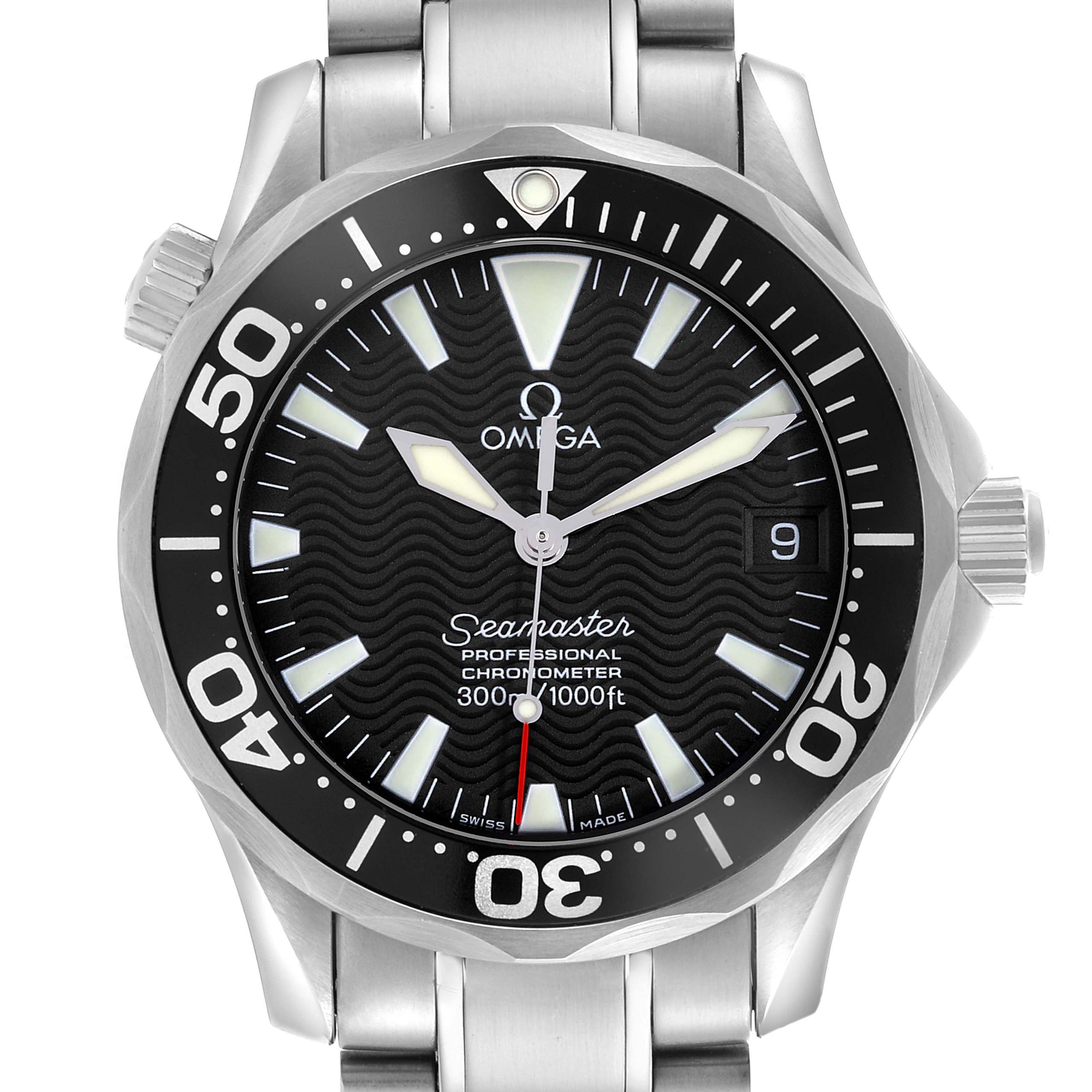 The Omega Seamaster 2252.50.00 Men's Stainless Steel Black Dial 2252.50.00 Men's Stainless Steel Black Dial watch is shown from the front, displaying the face, bezel, hands, and part of the bracelet.