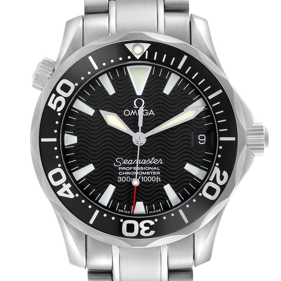 The Omega Seamaster watch is shown from the front, displaying the face, bezel, hands, and part of the bracelet.