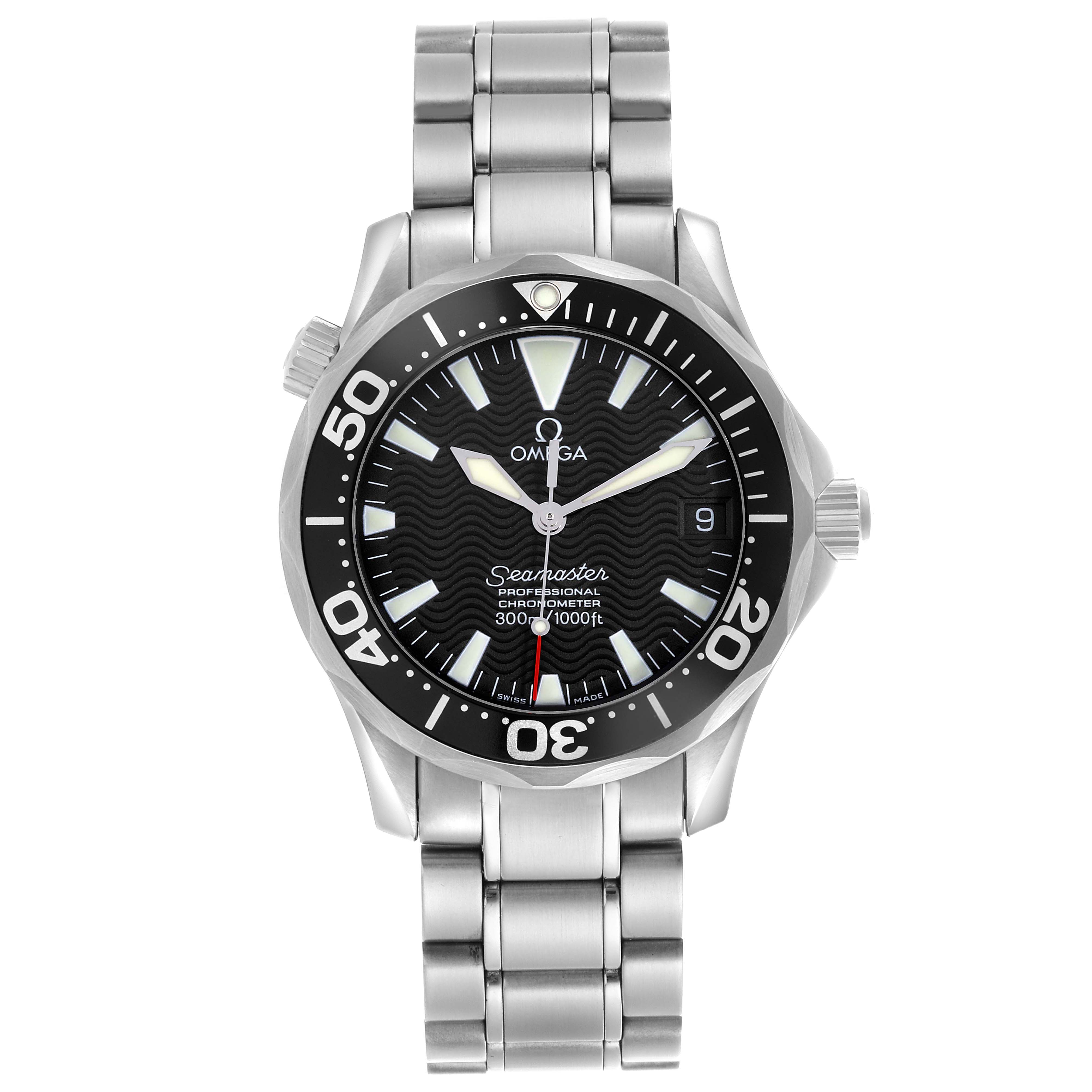 The Omega Seamaster 2252.50.00 Men's Stainless Steel Black Dial 2252.50.00 Men's Stainless Steel Black Dial watch is shown from a top-down angle, displaying the face, bezel, and stainless steel bracelet.