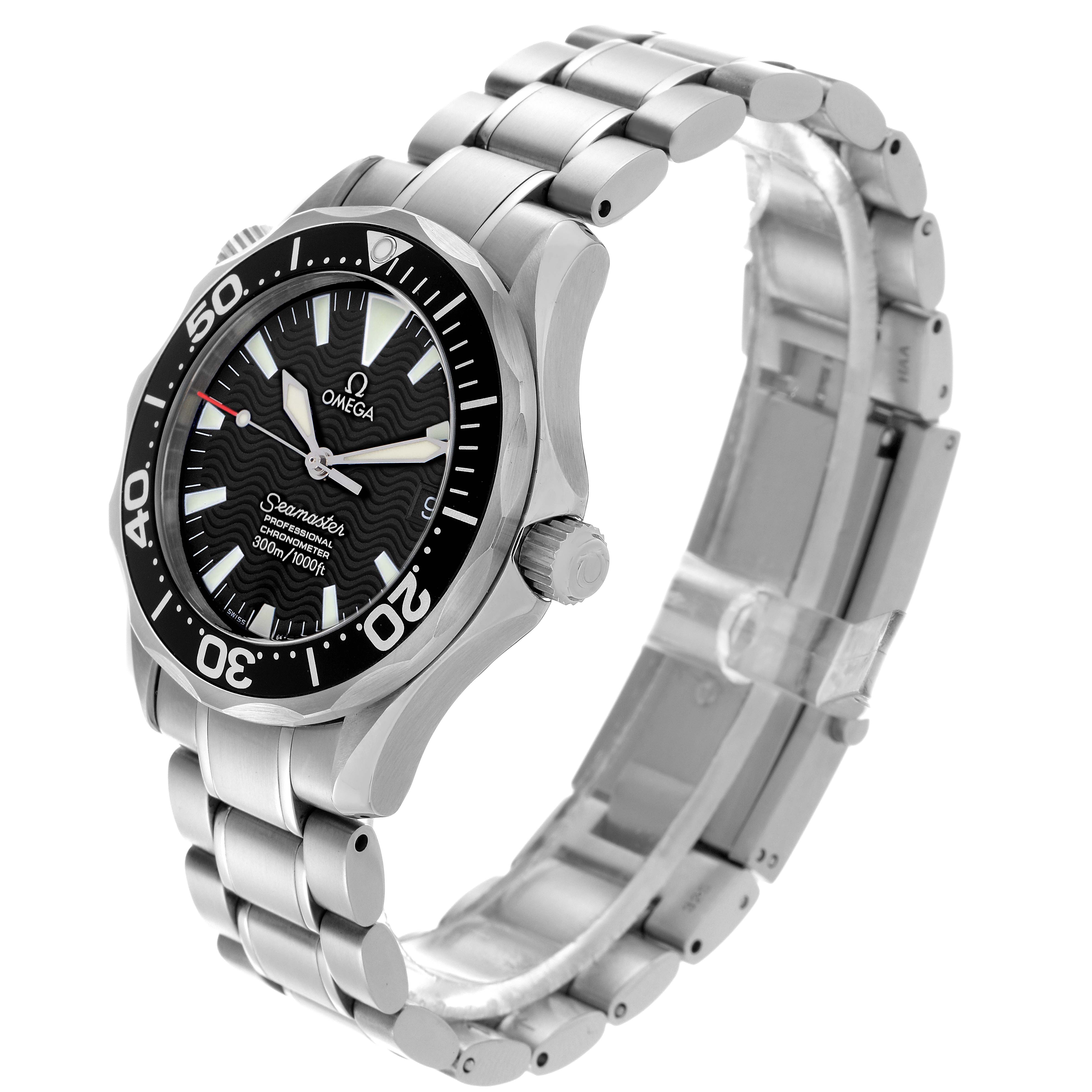 The Omega Seamaster 2252.50.00 Men's Stainless Steel Black Dial 2252.50.00 Men's Stainless Steel Black Dial watch is shown at a three-quarter angle, displaying the face, bezel, crown, and the stainless steel bracelet.