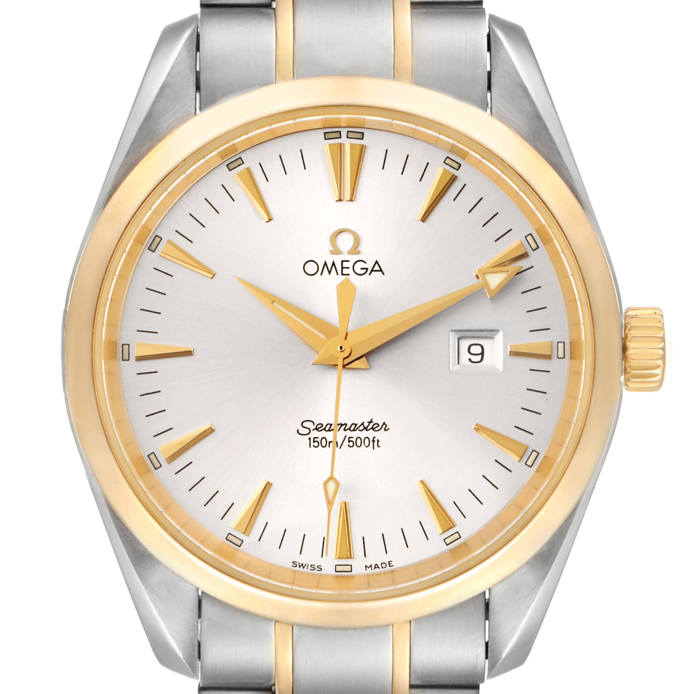 The image shows a front view of the Omega Seamaster Aqua Terra model, highlighting the dial, bezel, and bracelet.