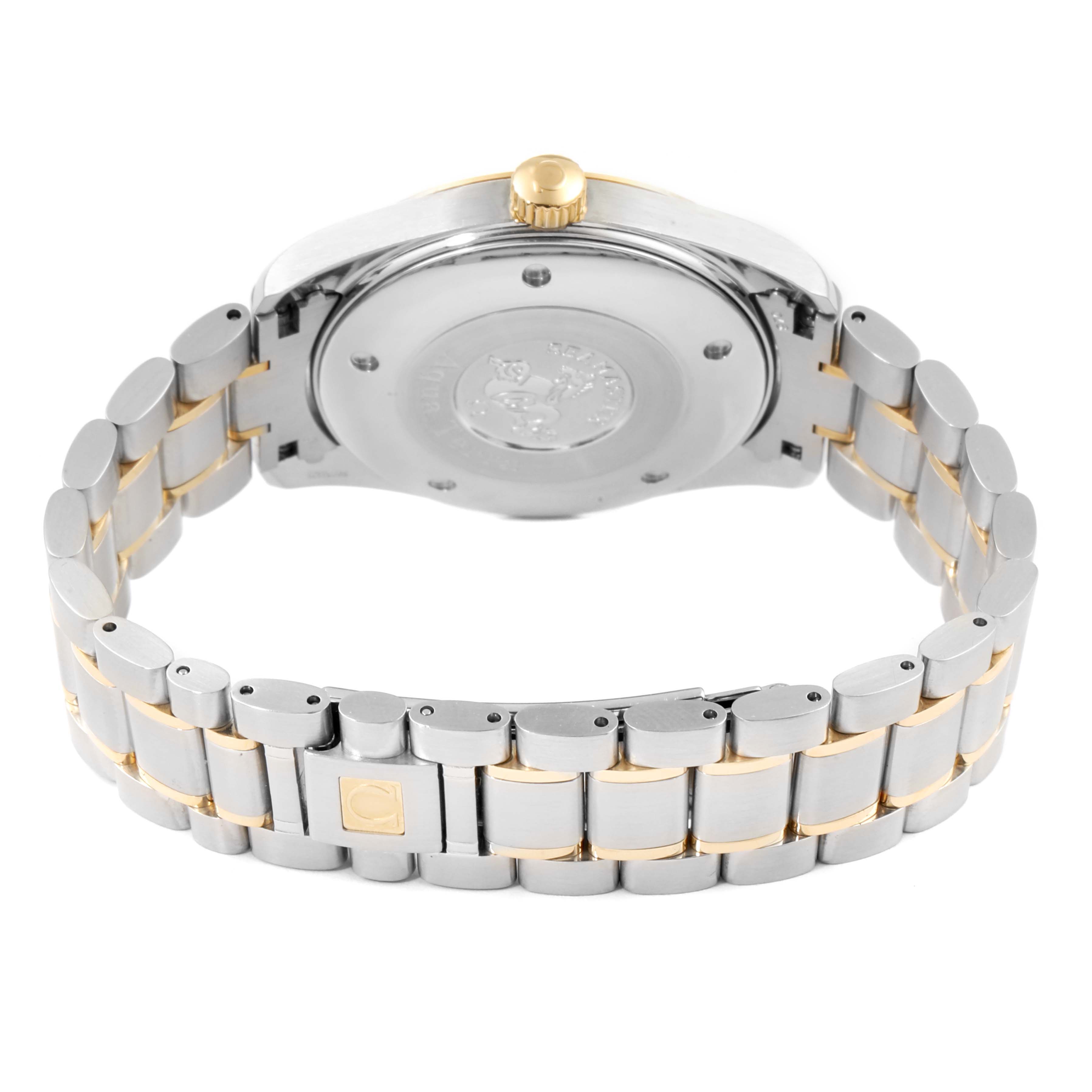 This image shows the back view of the Omega Aqua Terra 2317.30.00 Men
s Stainless Steel Silver Dial 2317.30.00 Men
s Stainless Steel Silver Dial watch, highlighting the clasp, bracelet, crown, and case back.