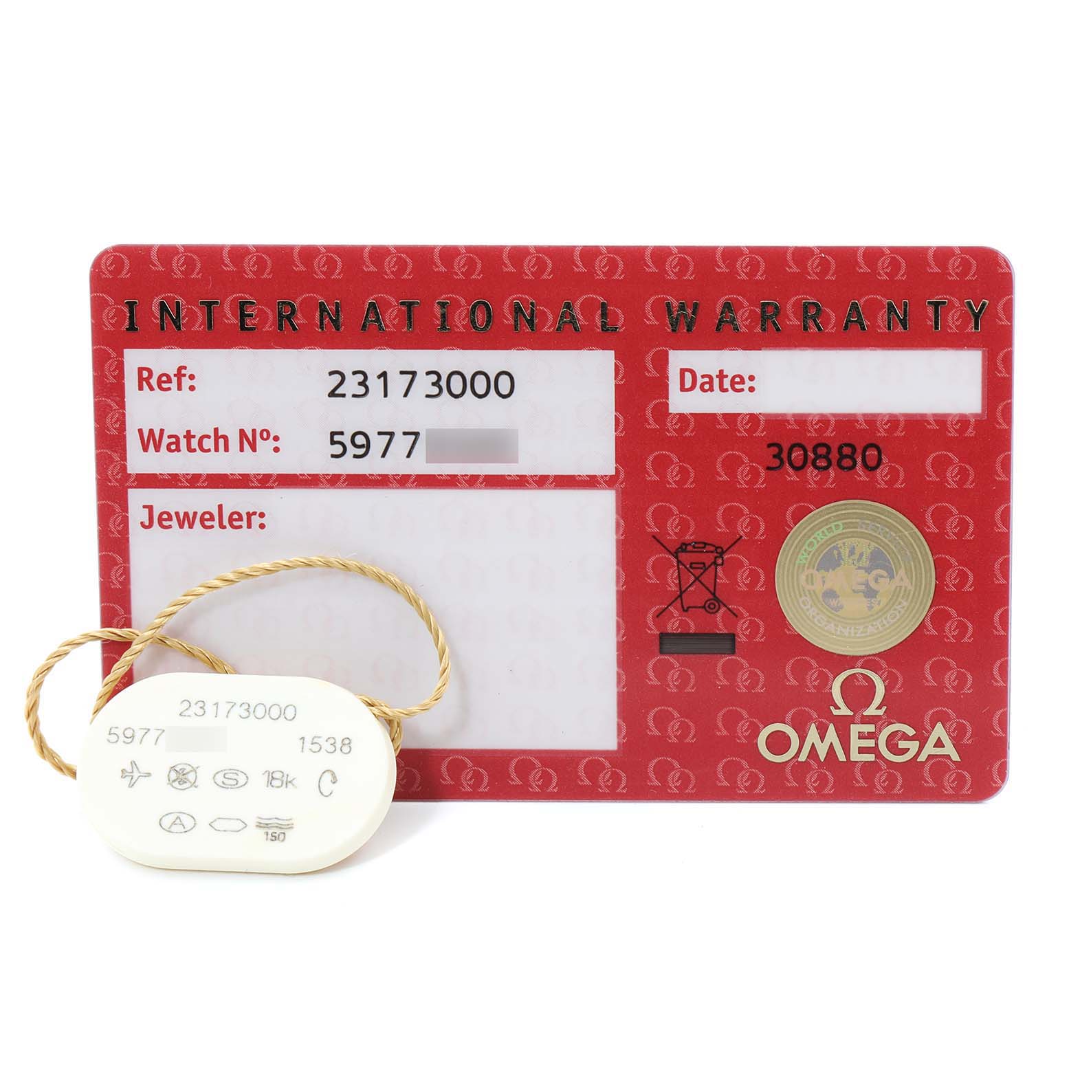 The image shows the warranty card and tag for an Omega Aqua Terra 2317.30.00 Men
s Stainless Steel Silver Dial 2317.30.00 Men
s Stainless Steel Silver Dial watch.