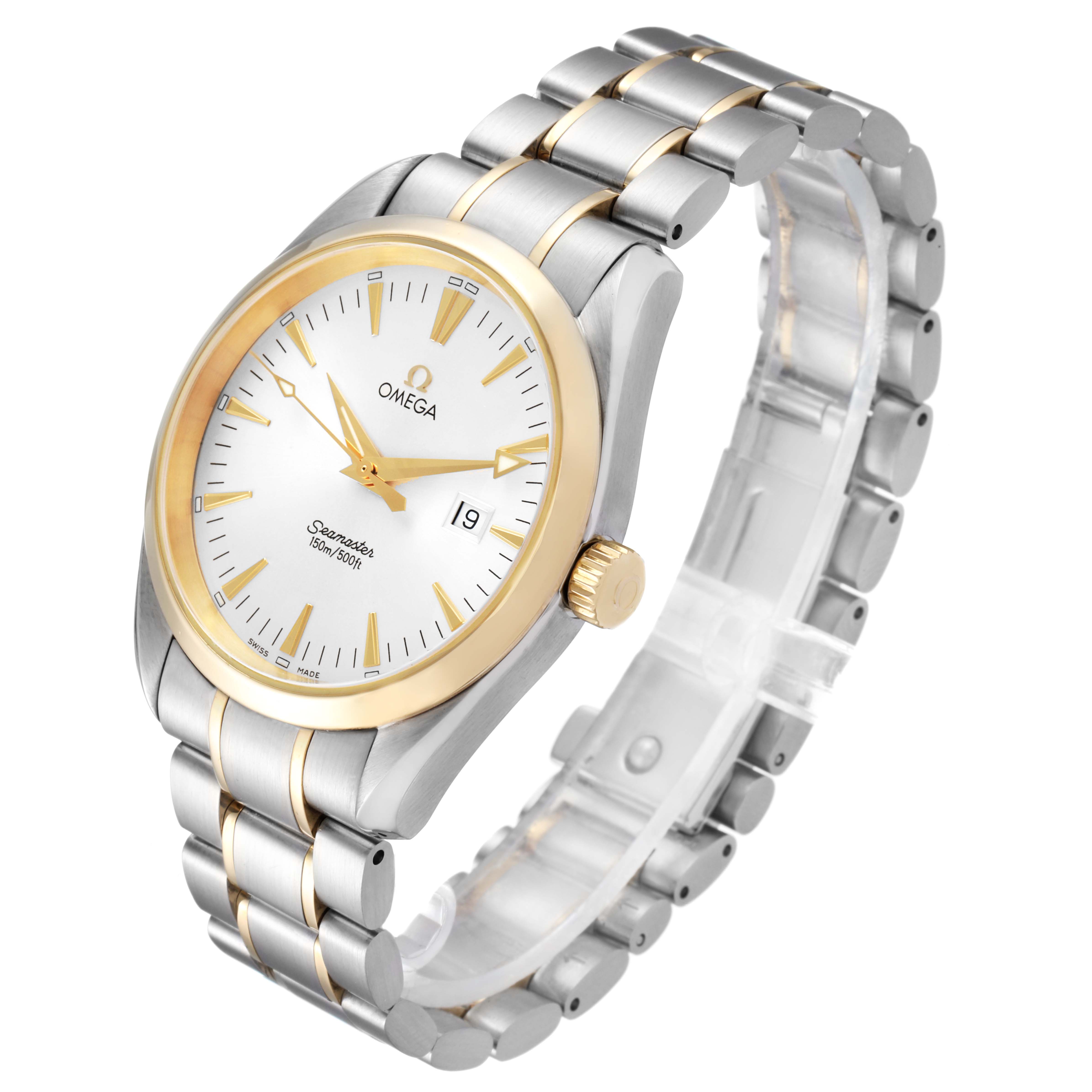 This image shows a silver and gold Omega Aqua Terra 2317.30.00 Men
s Stainless Steel Silver Dial 2317.30.00 Men
s Stainless Steel Silver Dial watch at a slightly tilted angle, displaying its dial, crown, and bracelet.