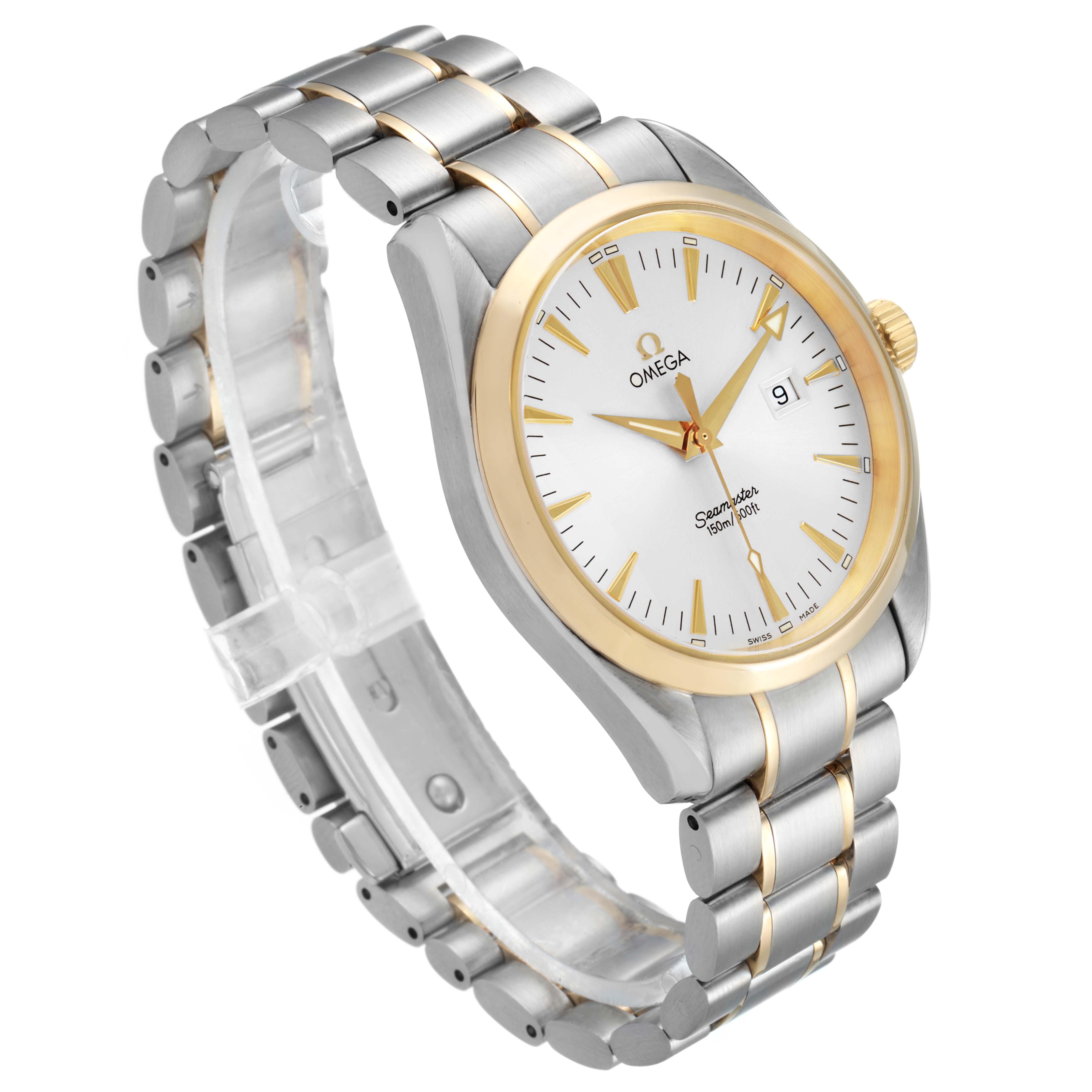 This Omega Aqua Terra 2317.30.00 Men
s Stainless Steel Silver Dial 2317.30.00 Men
s Stainless Steel Silver Dial watch is shown at an angled top view, highlighting the face, bezel, dial, and bracelet.