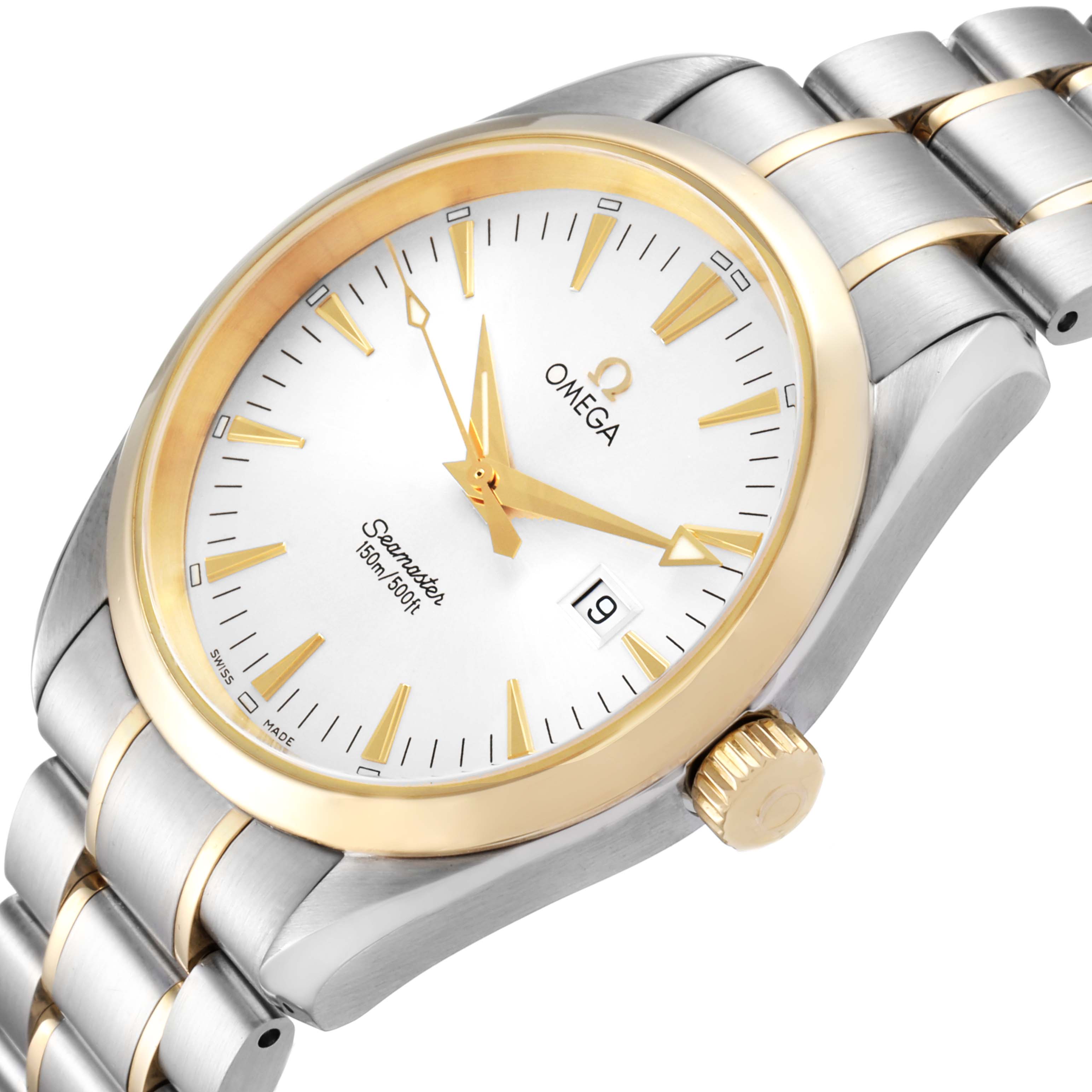 The image shows an Omega Aqua Terra 2317.30.00 Men
s Stainless Steel Silver Dial 2317.30.00 Men
s Stainless Steel Silver Dial watch angled to display the face, bezel, crown, and partial bracelet.