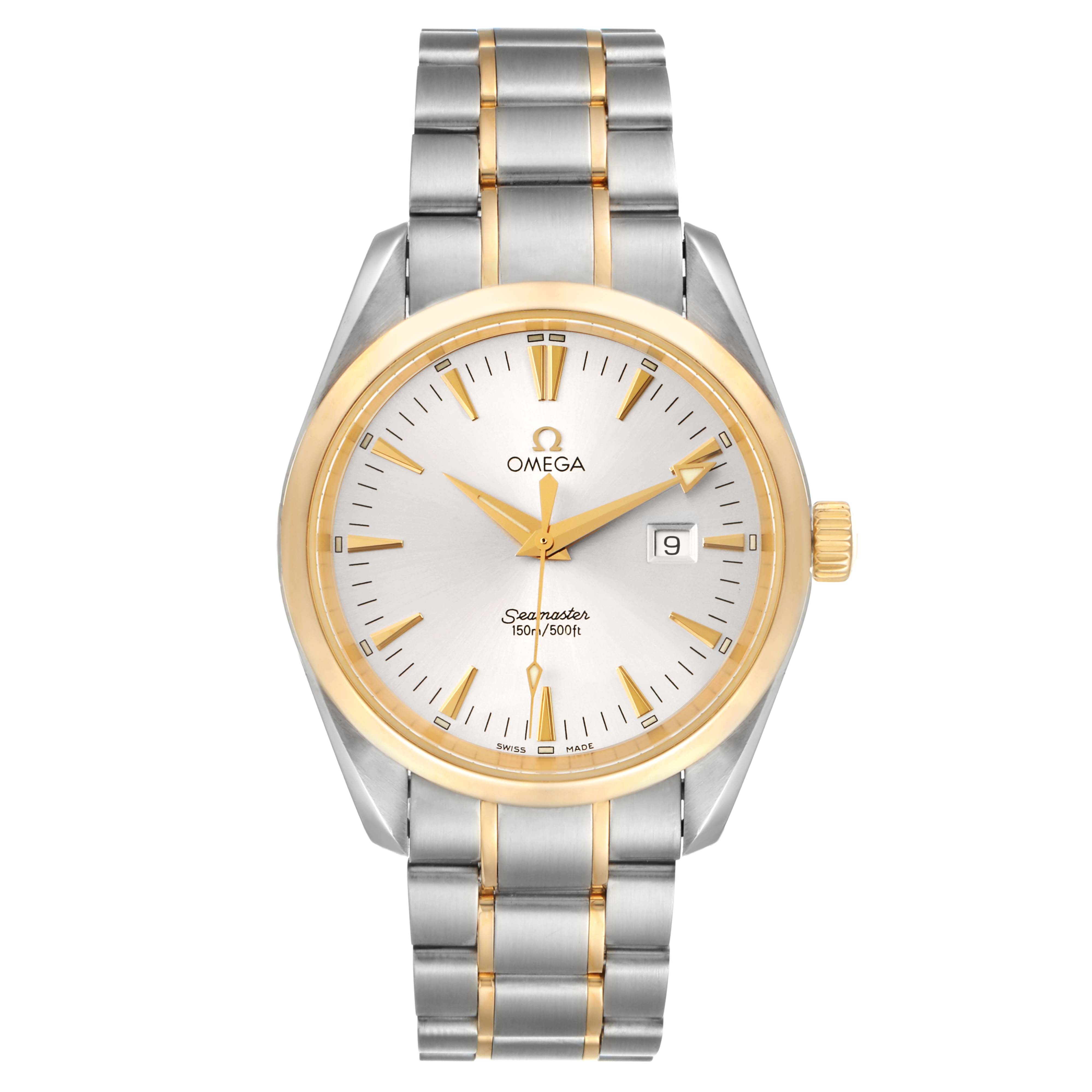 The image shows a front view of the Omega Aqua Terra 2317.30.00 Men
s Stainless Steel Silver Dial 2317.30.00 Men
s Stainless Steel Silver Dial watch, highlighting its two-tone bracelet, face, and bezel.