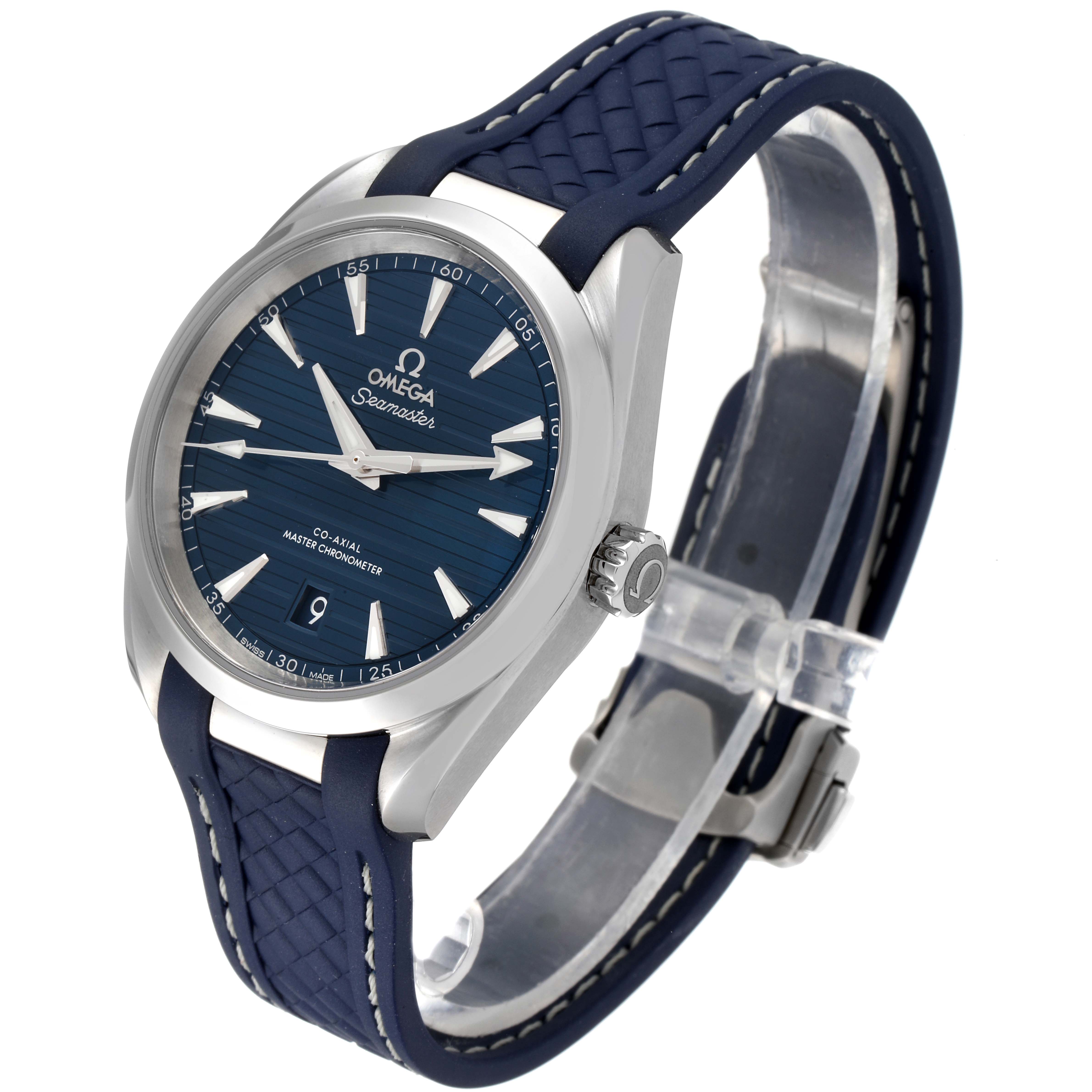 This image shows an Omega Aqua Terra 220.12.38.20.03.001 Men
s Stainless Steel Blue Dial 220.12.38.20.03.001 Men
s Stainless Steel Blue Dial watch at a three-quarter angle, displaying the face, bezel, crown, case, and blue strap.
