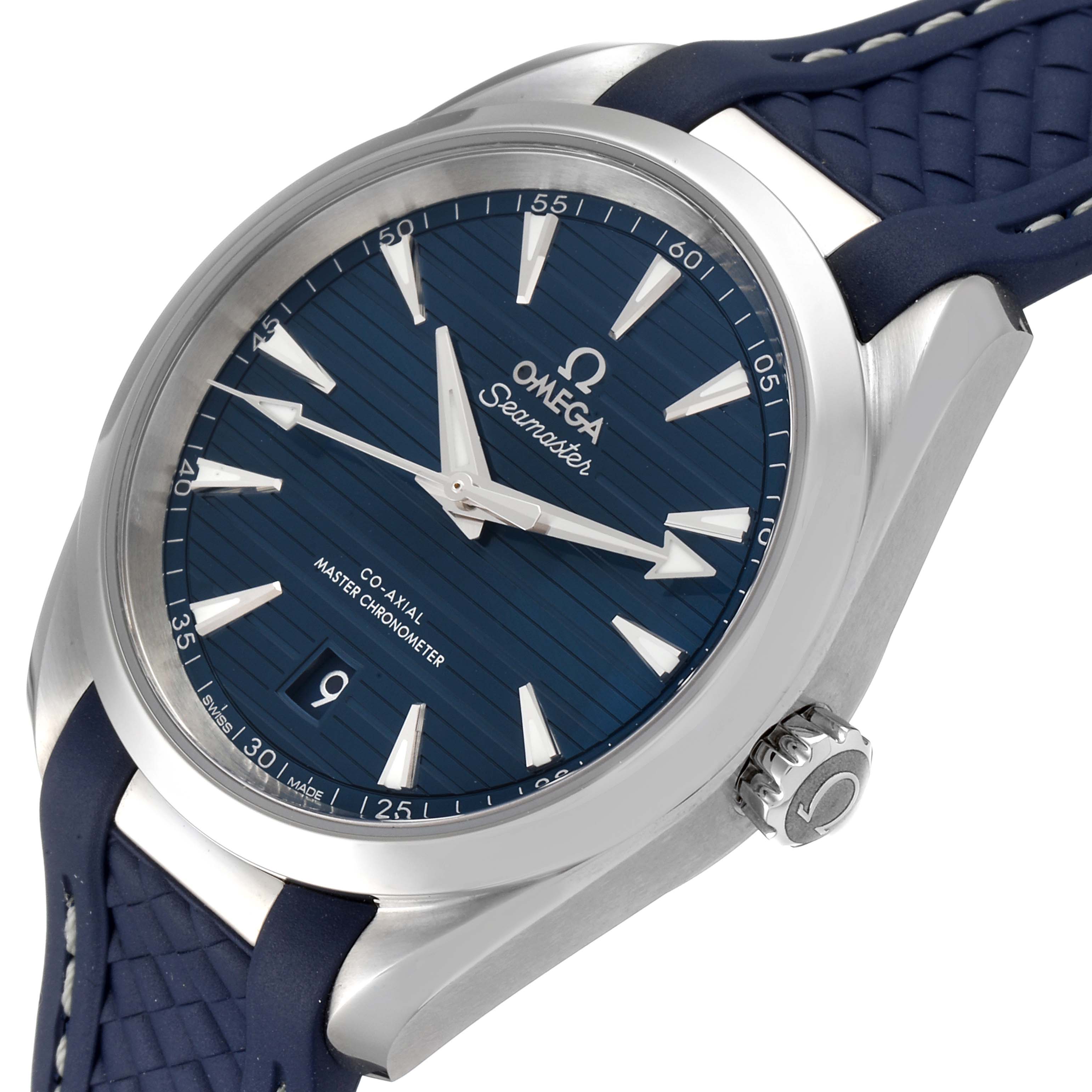 The Omega Aqua Terra 220.12.38.20.03.001 Men
s Stainless Steel Blue Dial 220.12.38.20.03.001 Men
s Stainless Steel Blue Dial watch is shown at a slight angle, highlighting the blue dial, bezel, crown, and portion of the strap.