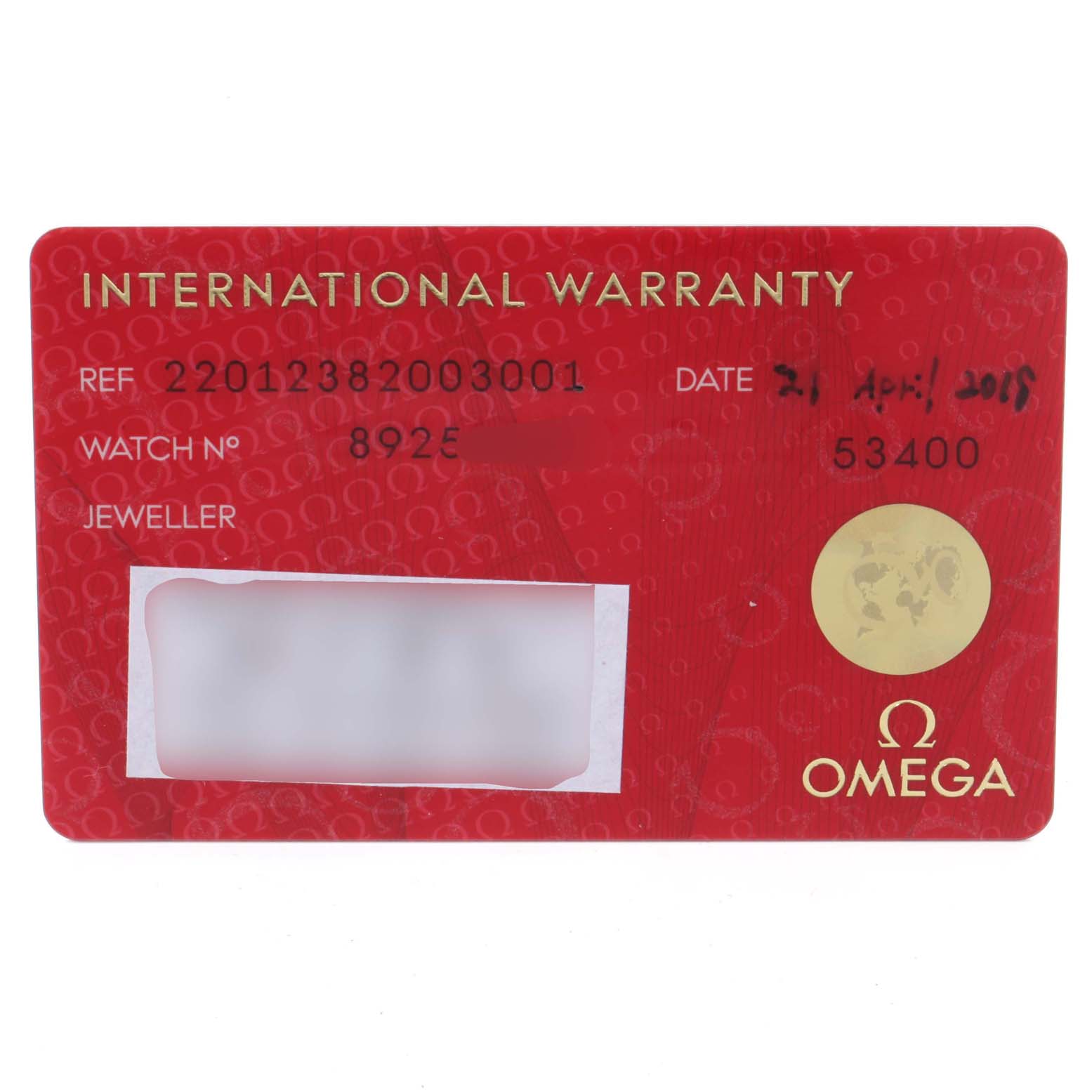 This image shows the international warranty card for the Omega Aqua Terra 220.12.38.20.03.001 Men
s Stainless Steel Blue Dial 220.12.38.20.03.001 Men
s Stainless Steel Blue Dial watch model.