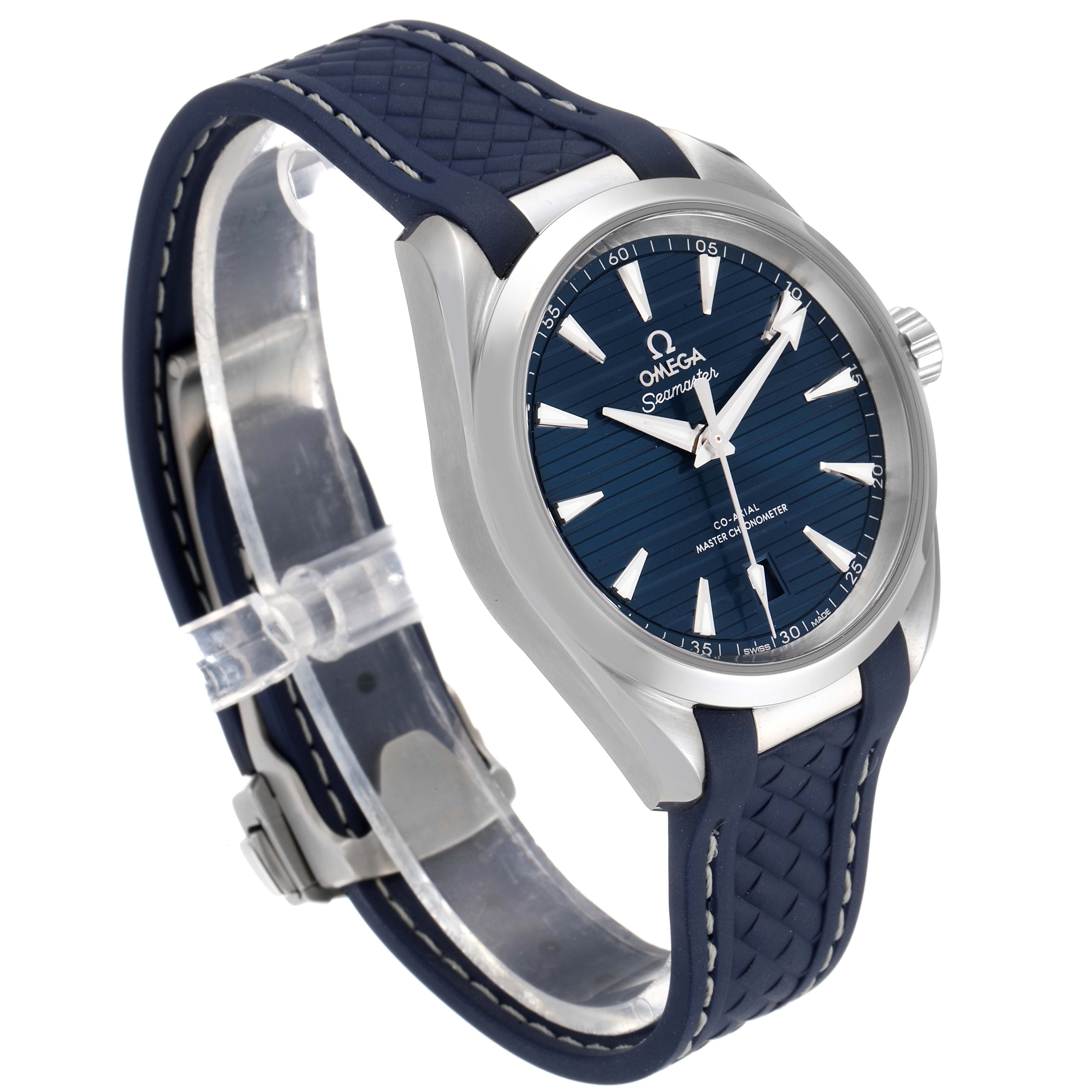 The image shows an angled view of the Omega Aqua Terra 220.12.38.20.03.001 Men
s Stainless Steel Blue Dial 220.12.38.20.03.001 Men
s Stainless Steel Blue Dial watch, highlighting its blue dial and matching strap.