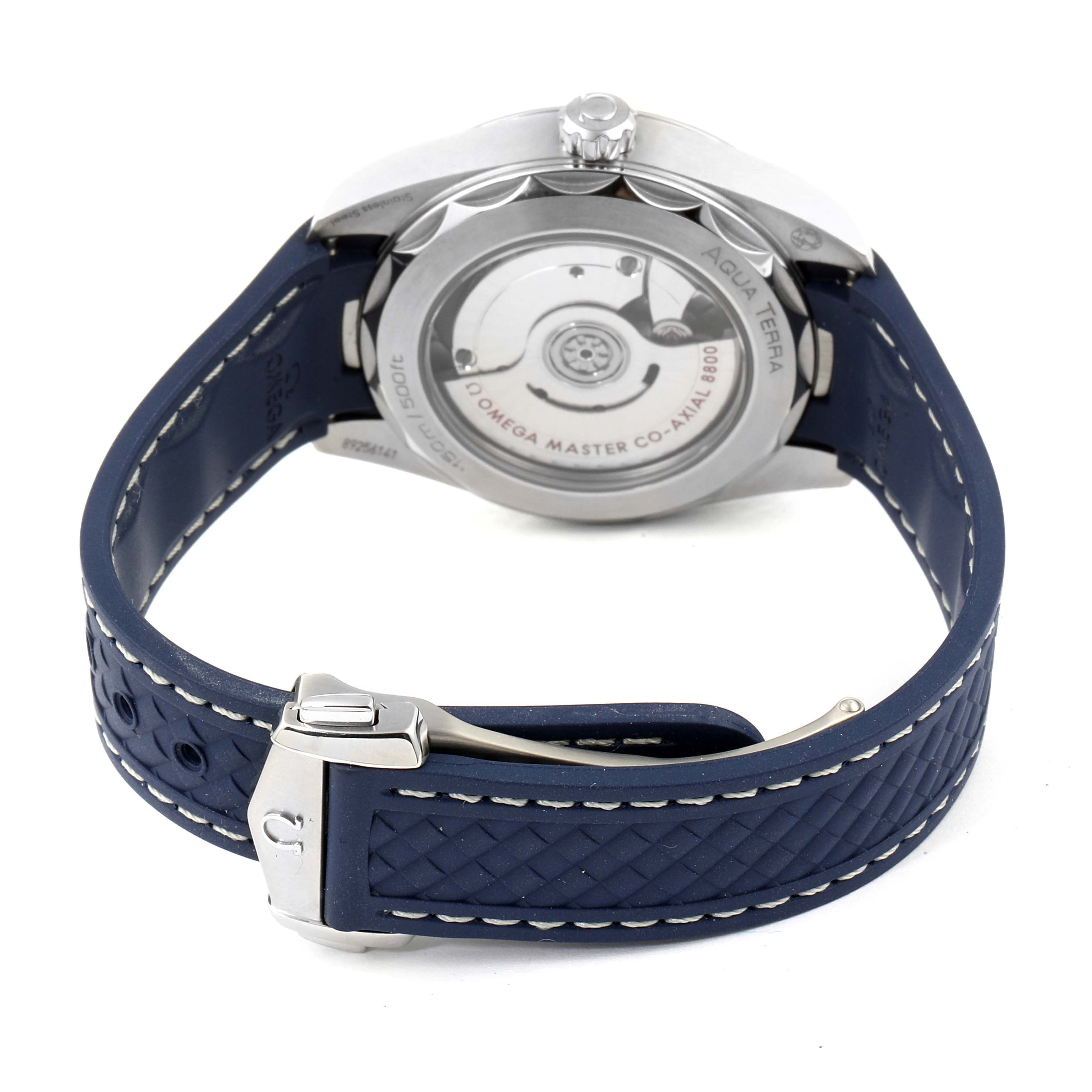 This image shows the back view of the Omega Aqua Terra 220.12.38.20.03.001 Men
s Stainless Steel Blue Dial 220.12.38.20.03.001 Men
s Stainless Steel Blue Dial watch, highlighting the case back and blue strap with clasp.