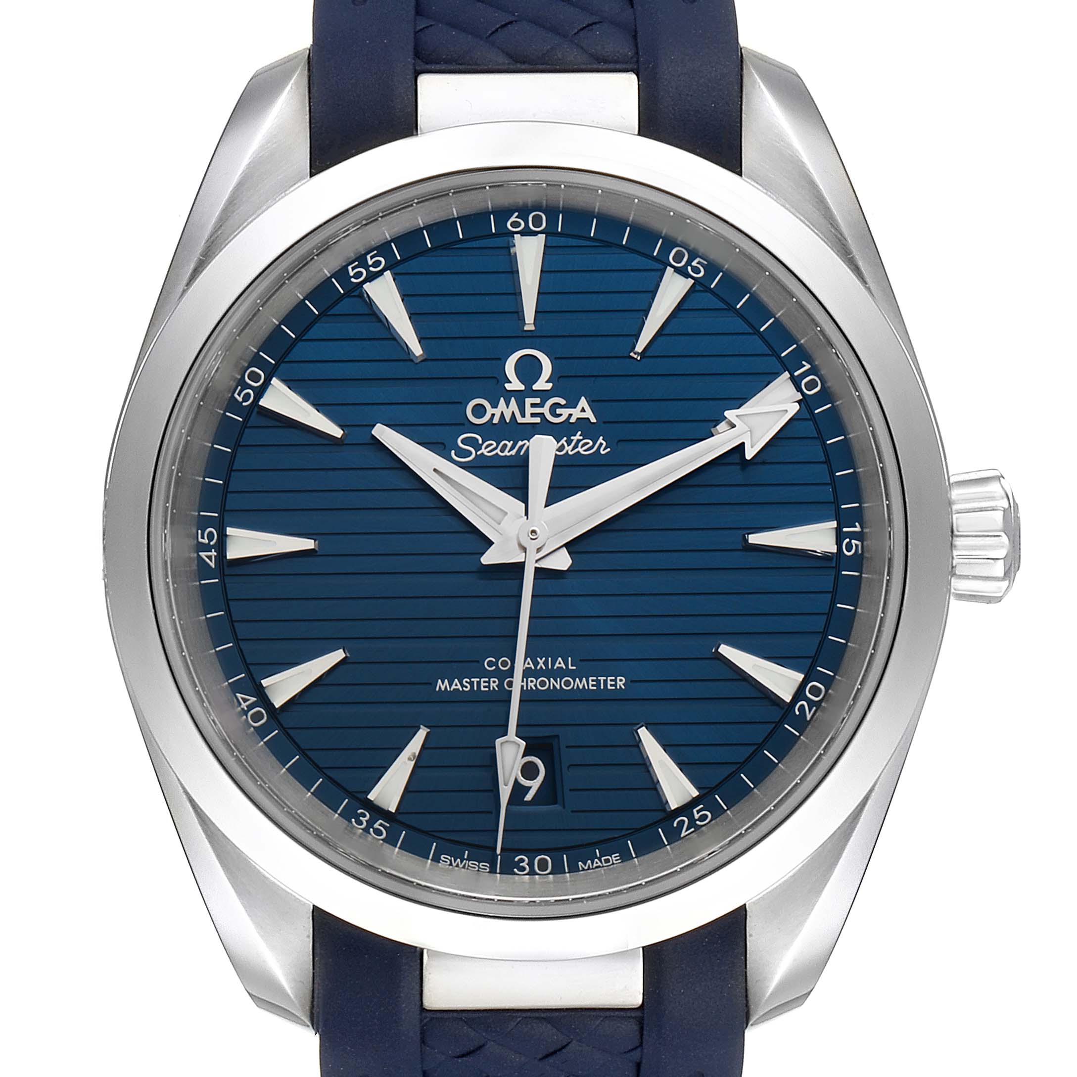 This image shows a front view of the Omega Aqua Terra 220.12.38.20.03.001 Men
s Stainless Steel Blue Dial 220.12.38.20.03.001 Men
s Stainless Steel Blue Dial watch, highlighting the face, hands, and crown.