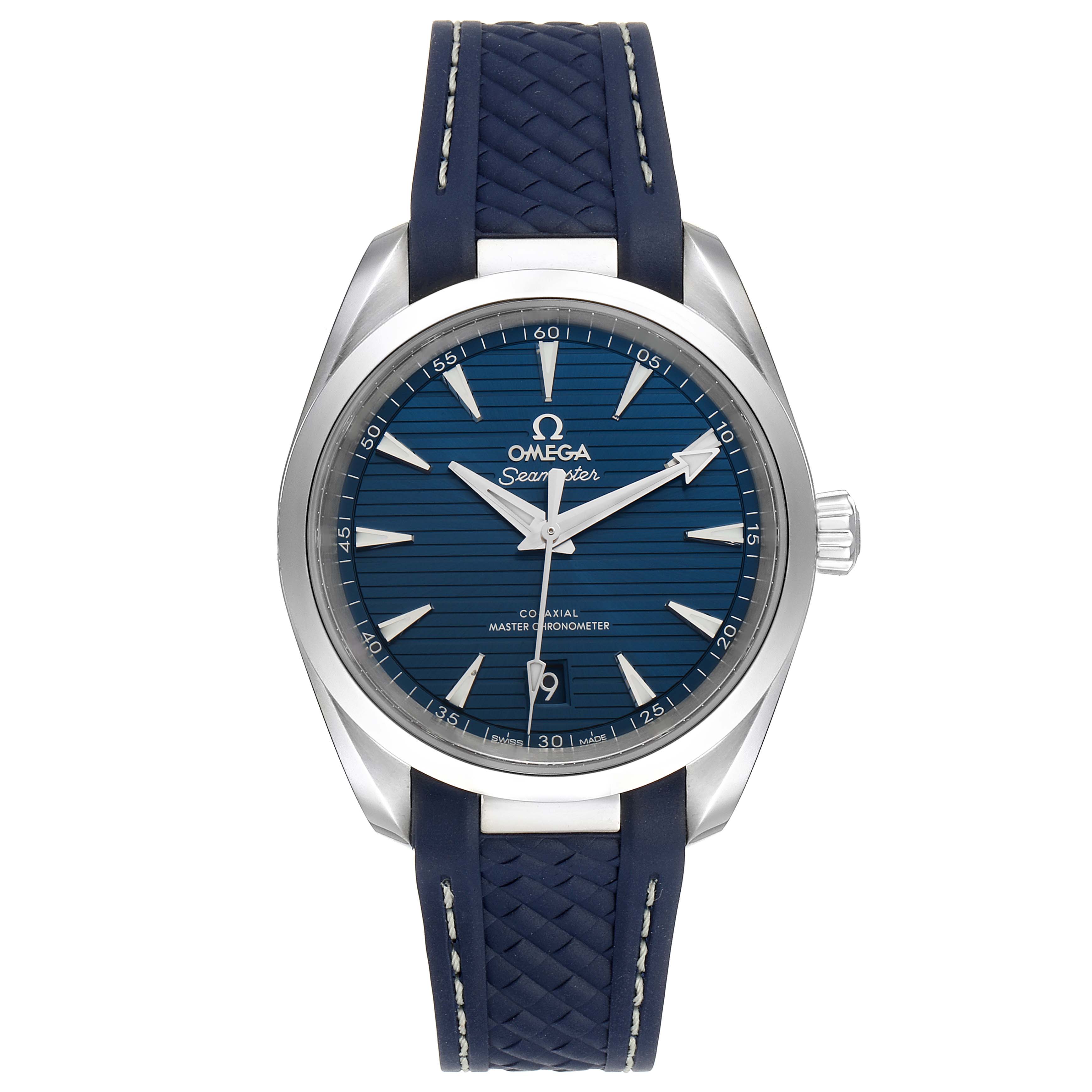 The Omega Aqua Terra 220.12.38.20.03.001 Men
s Stainless Steel Blue Dial 220.12.38.20.03.001 Men
s Stainless Steel Blue Dial watch is shown from the front, displaying the face, bezel, and blue strap.