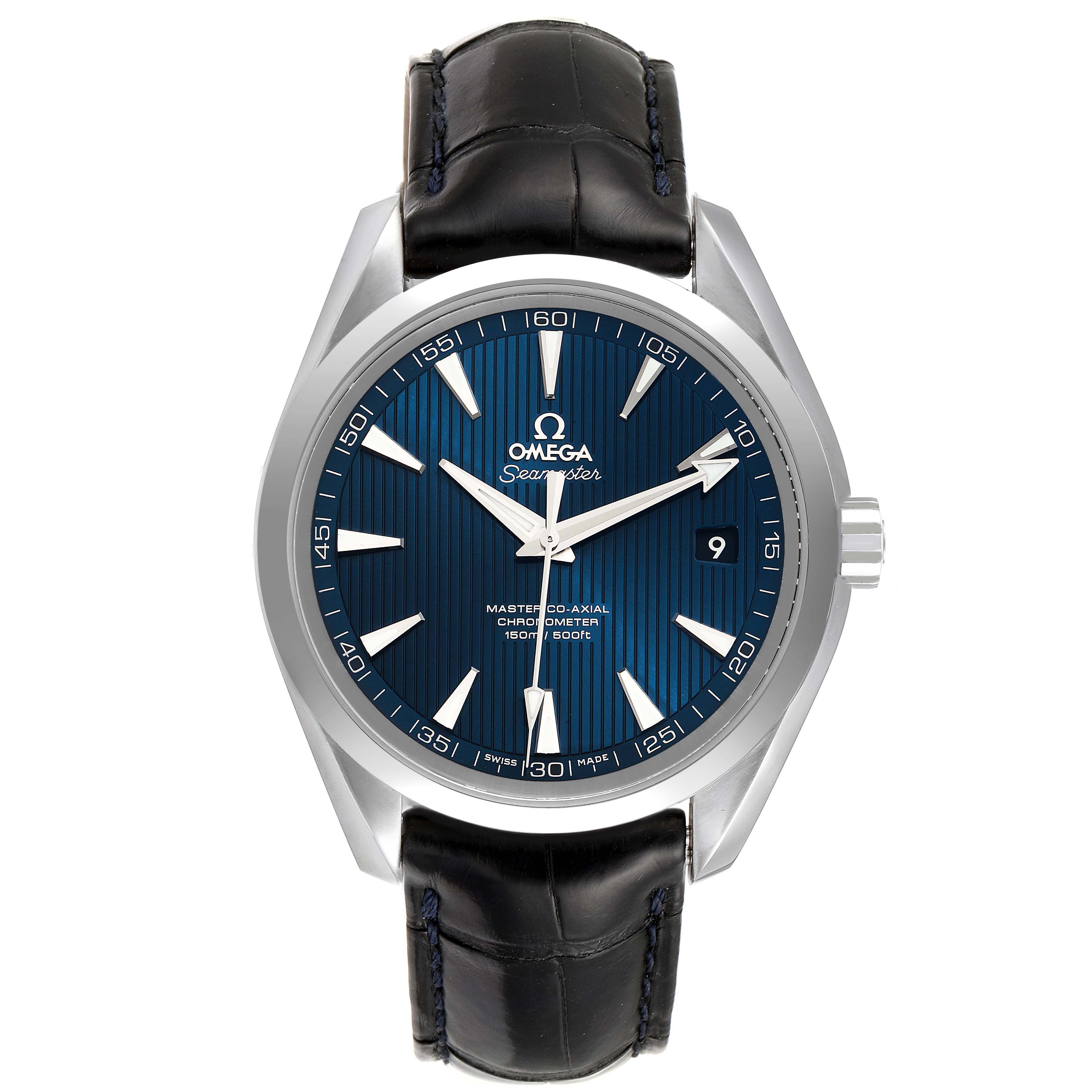 The image shows a front view of an Omega Aqua Terra 231.13.39.21.03.001 Men's Stainless Steel Blue Dial 231.13.39.21.03.001 Men's Stainless Steel Blue Dial model with a blue dial and black leather strap.