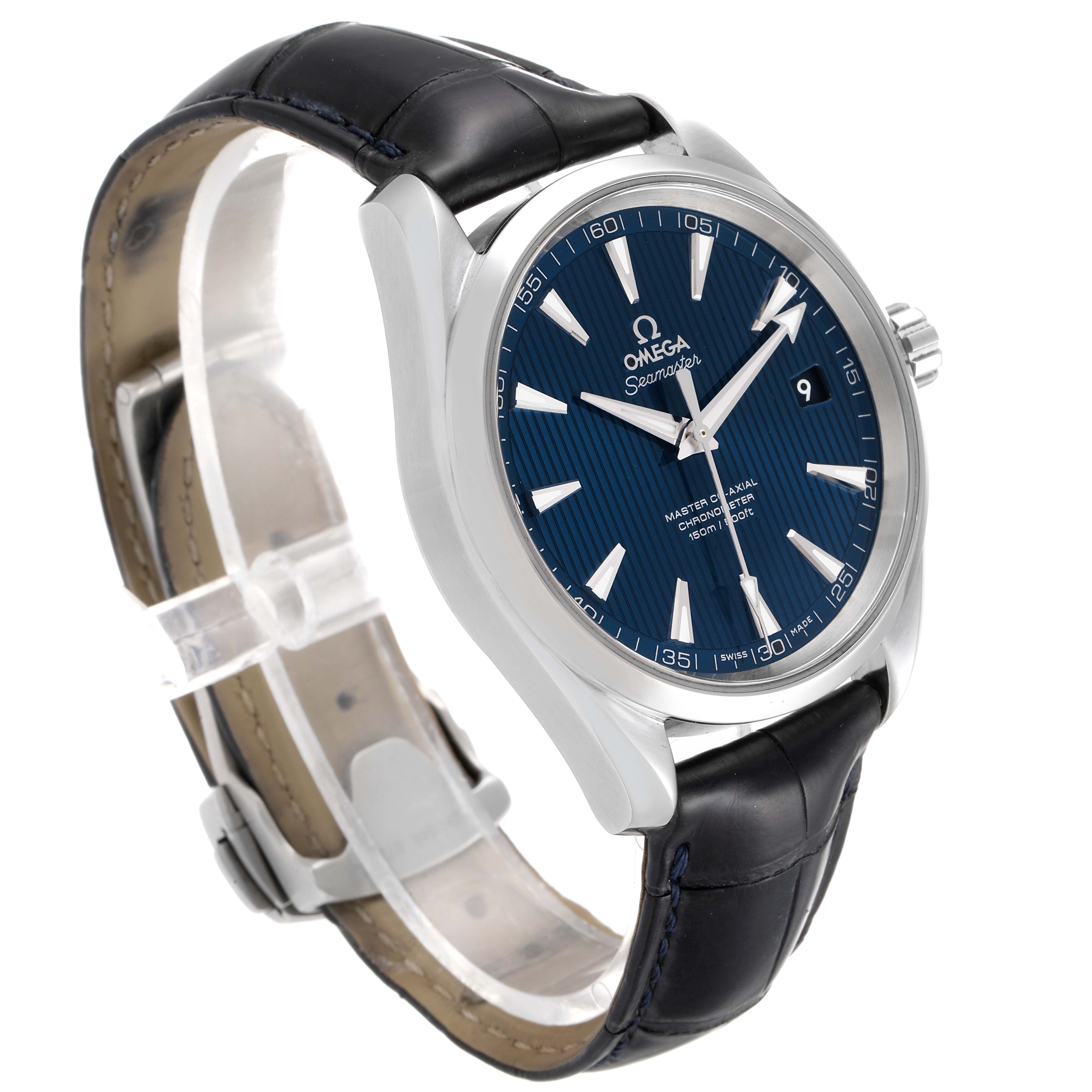 The angled display showcases the face, bezel, and a portion of the strap of the Aqua Terra by Omega.
