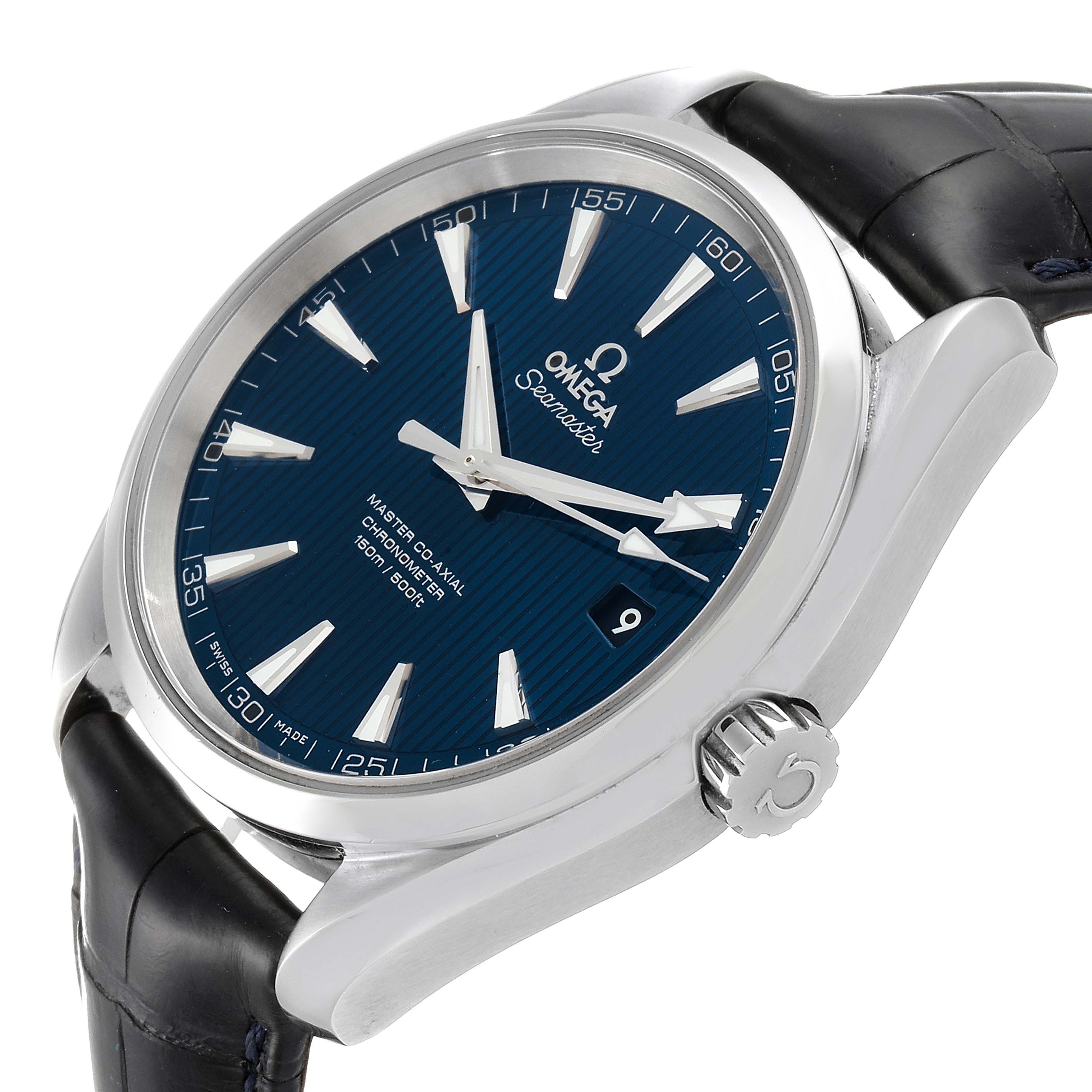 This image shows the Omega Aqua Terra 231.13.39.21.03.001 Men's Stainless Steel Blue Dial 231.13.39.21.03.001 Men's Stainless Steel Blue Dial watch at an angled side view, highlighting the face, bezel, crown, and strap.