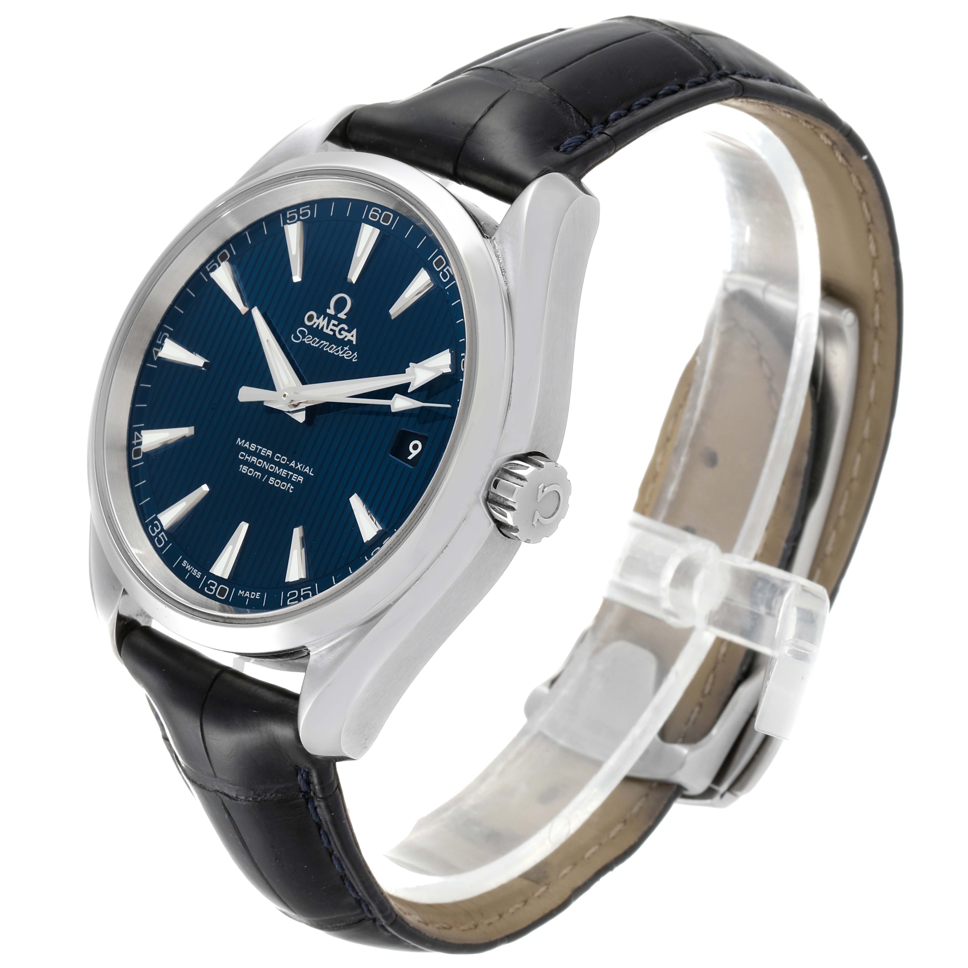 The image shows a side angle view of the Omega Aqua Terra 231.13.39.21.03.001 Men's Stainless Steel Blue Dial 231.13.39.21.03.001 Men's Stainless Steel Blue Dial watch, featuring its face, bezel, crown, lugs, and leather strap.