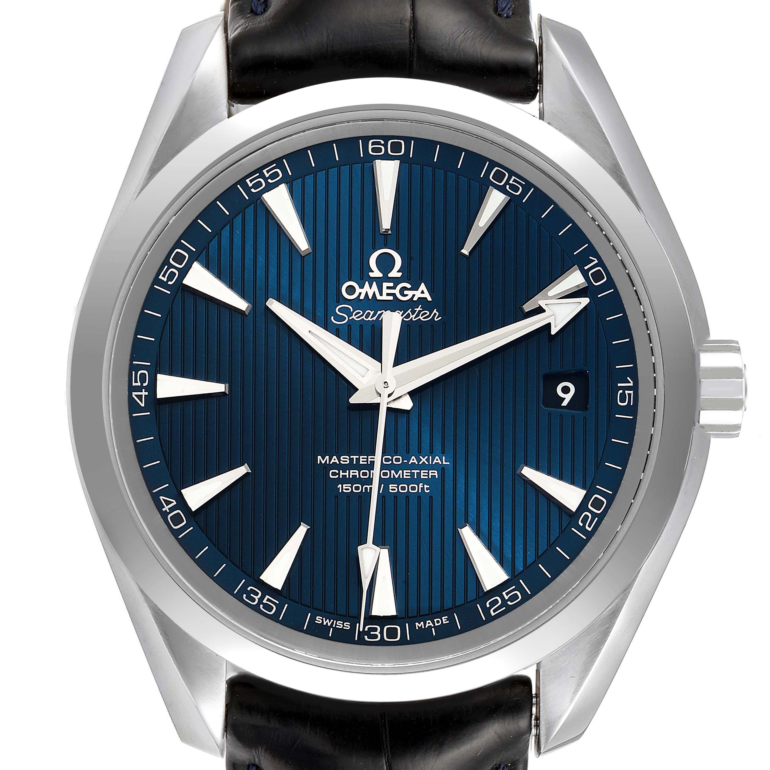 The image shows a front view of the Omega Aqua Terra 231.13.39.21.03.001 Men's Stainless Steel Blue Dial 231.13.39.21.03.001 Men's Stainless Steel Blue Dial watch, highlighting its blue dial, silver indices, and date window.