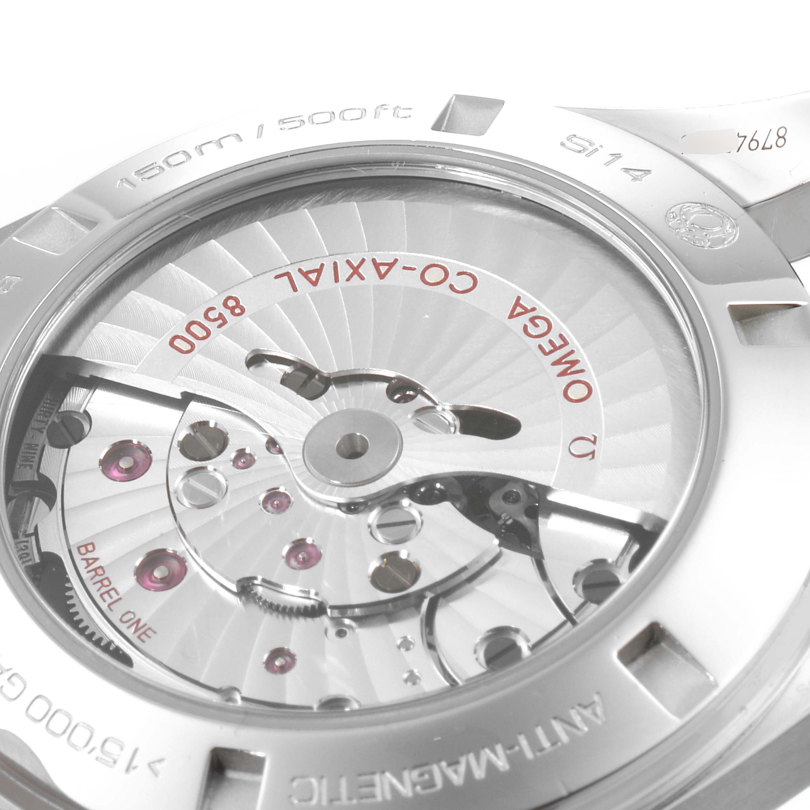 The image shows the back casing and internal movement mechanism of the Omega Aqua Terra 231.13.39.21.03.001 Men's Stainless Steel Blue Dial 231.13.39.21.03.001 Men's Stainless Steel Blue Dial watch.