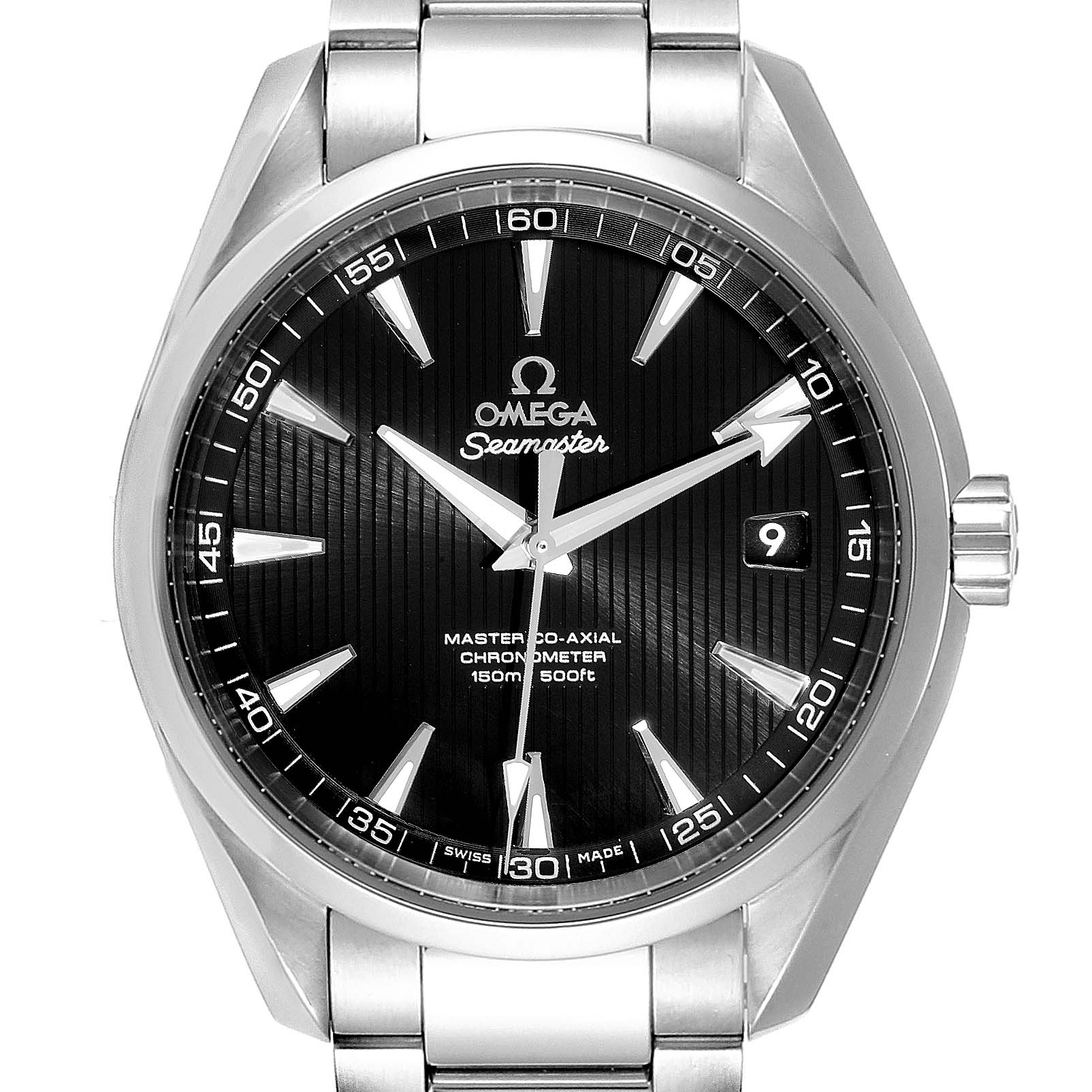The image shows a front view of the Omega Aqua Terra 231.10.42.21.01.003 Men
s Stainless Steel Black Dial 231.10.42.21.01.003 Men
s Stainless Steel Black Dial watch displaying its face, crown, and part of the bracelet.