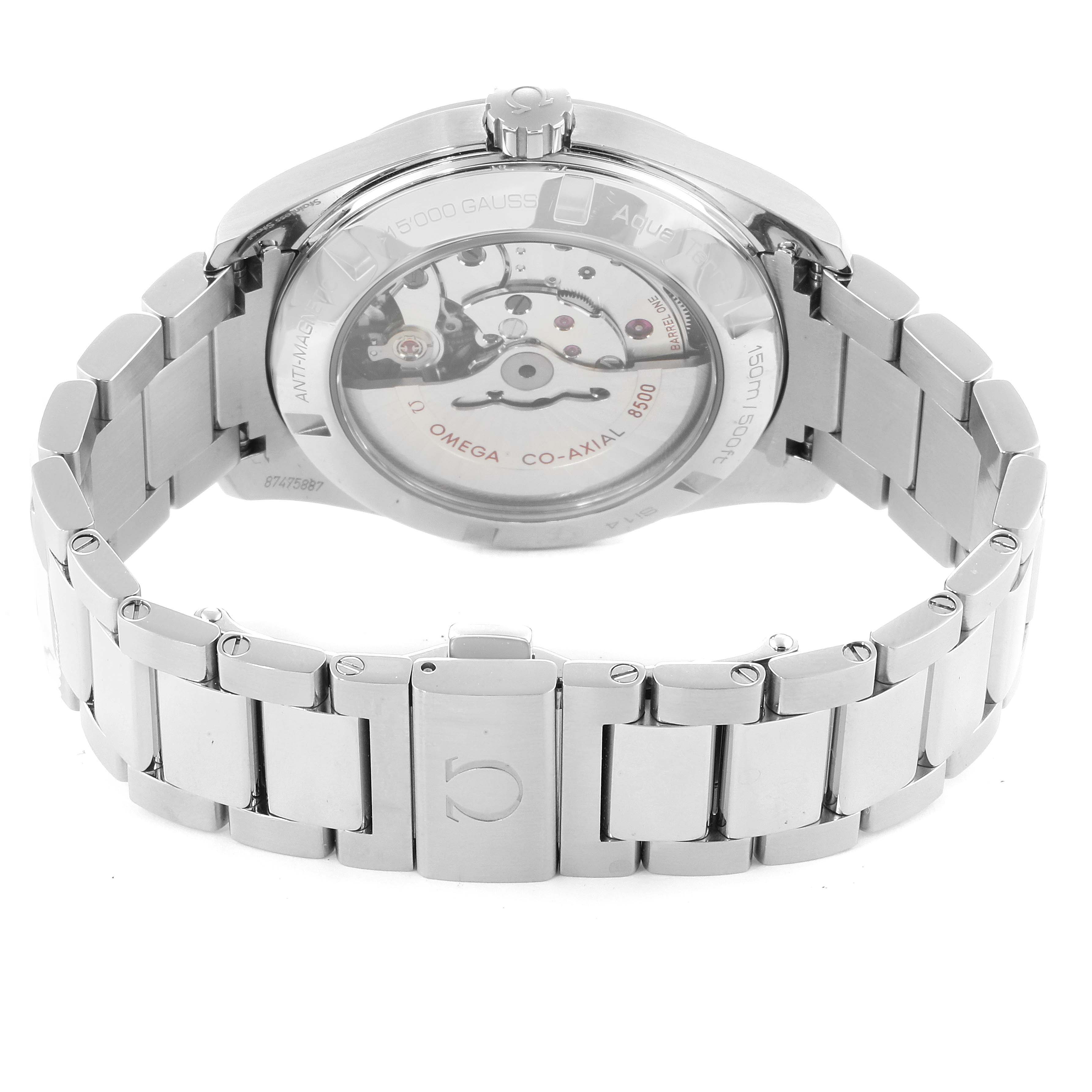 The image shows the back case and bracelet of the Omega Aqua Terra 231.10.42.21.01.003 Men
s Stainless Steel Black Dial 231.10.42.21.01.003 Men
s Stainless Steel Black Dial watch, highlighting its movement through the transparent case back.