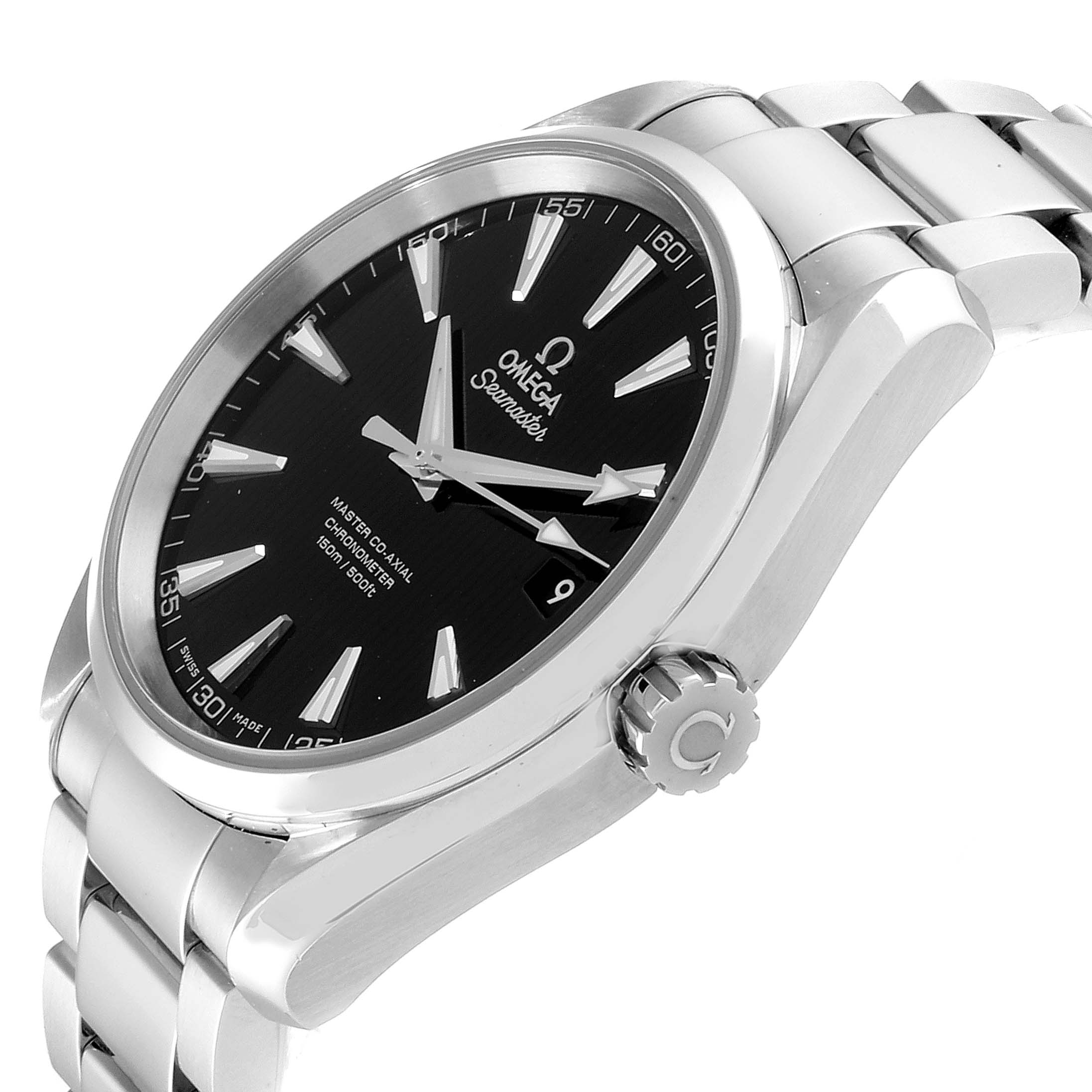 The image shows an angled view of the Omega Aqua Terra 231.10.42.21.01.003 Men
s Stainless Steel Black Dial 231.10.42.21.01.003 Men
s Stainless Steel Black Dial watch, highlighting the watch face, crown, and stainless steel bracelet.