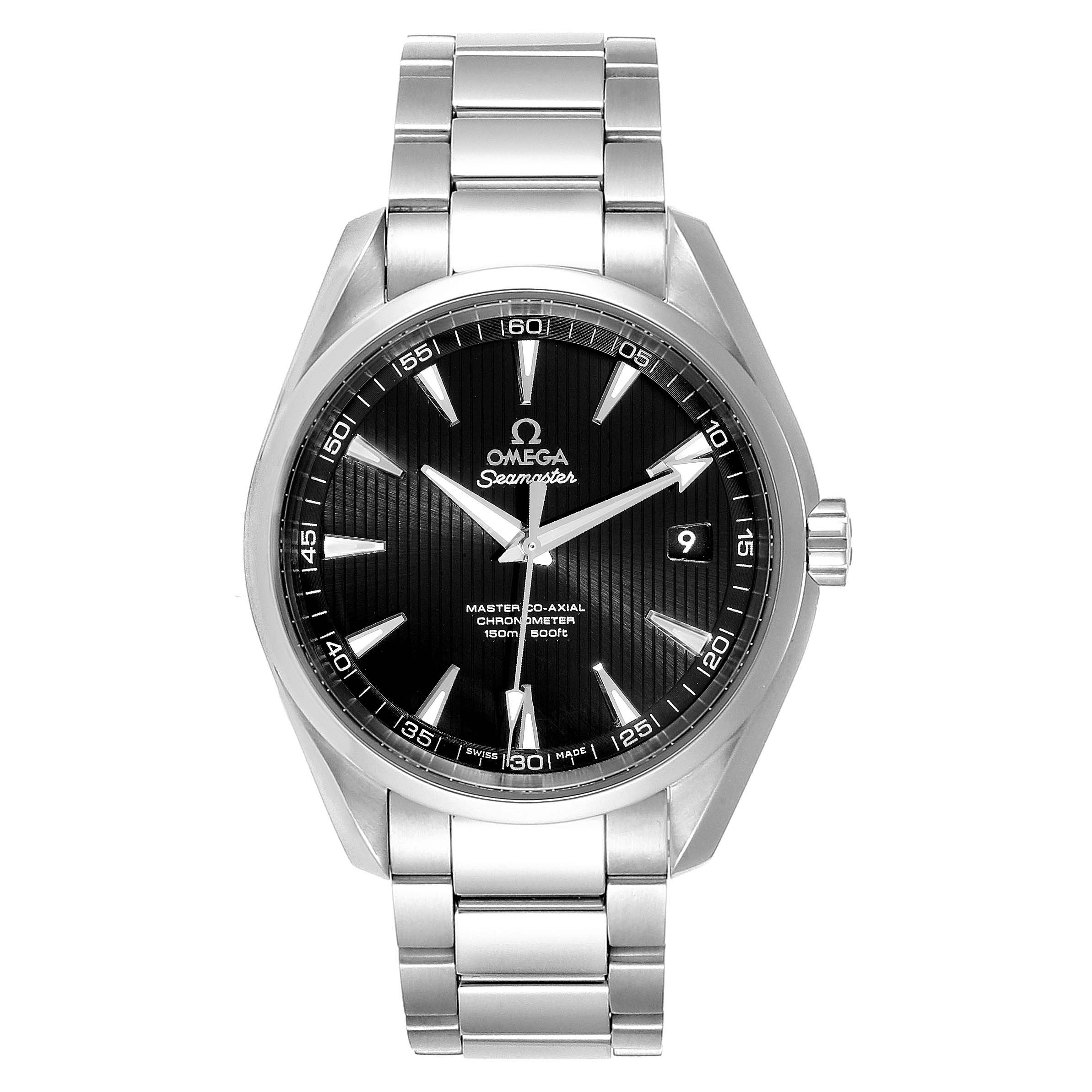 This image shows a front view of the Omega Aqua Terra 231.10.42.21.01.003 Men
s Stainless Steel Black Dial 231.10.42.21.01.003 Men
s Stainless Steel Black Dial Seamaster watch, highlighting its black dial, stainless steel case, and bracelet.