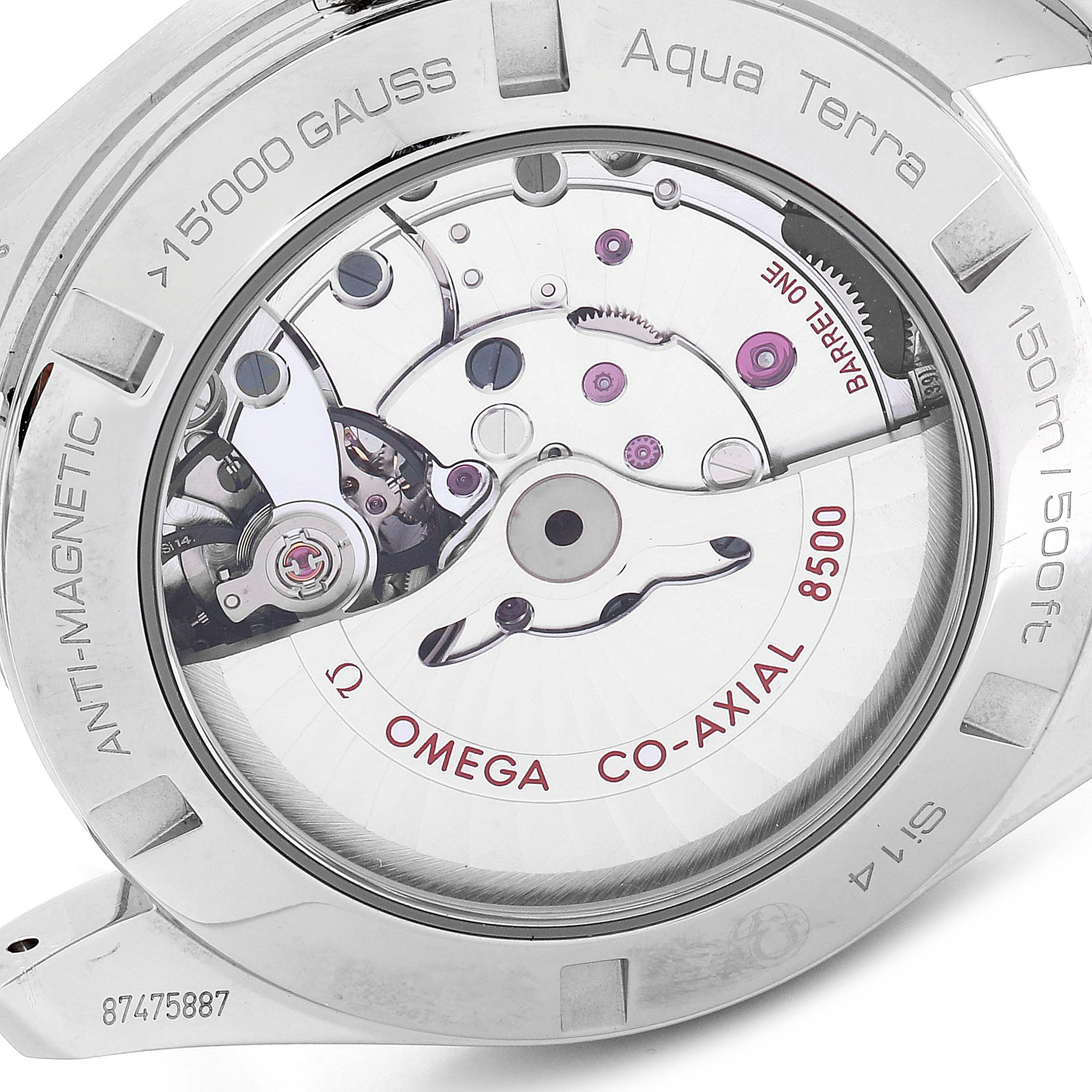 The image shows the back view of the Omega Aqua Terra 231.10.42.21.01.003 Men
s Stainless Steel Black Dial 231.10.42.21.01.003 Men
s Stainless Steel Black Dial watch, highlighting its Co-Axial 8500 movement.