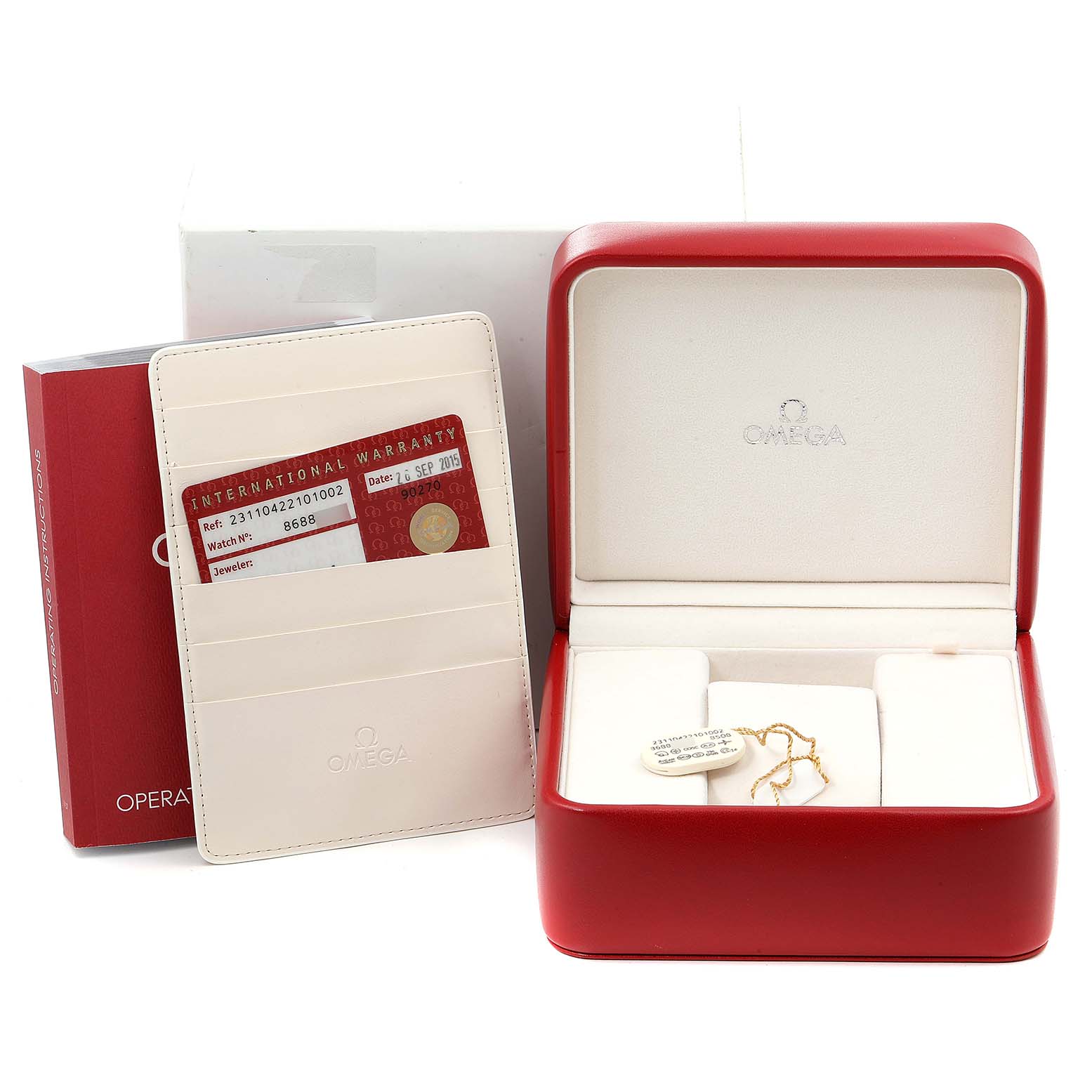 The image shows the Omega Aqua Terra 231.10.42.21.01.002 Men's Stainless Steel Black Dial 231.10.42.21.01.002 Men's Stainless Steel Black Dial watch box, warranty card holder, and outer packaging from a frontal angle.