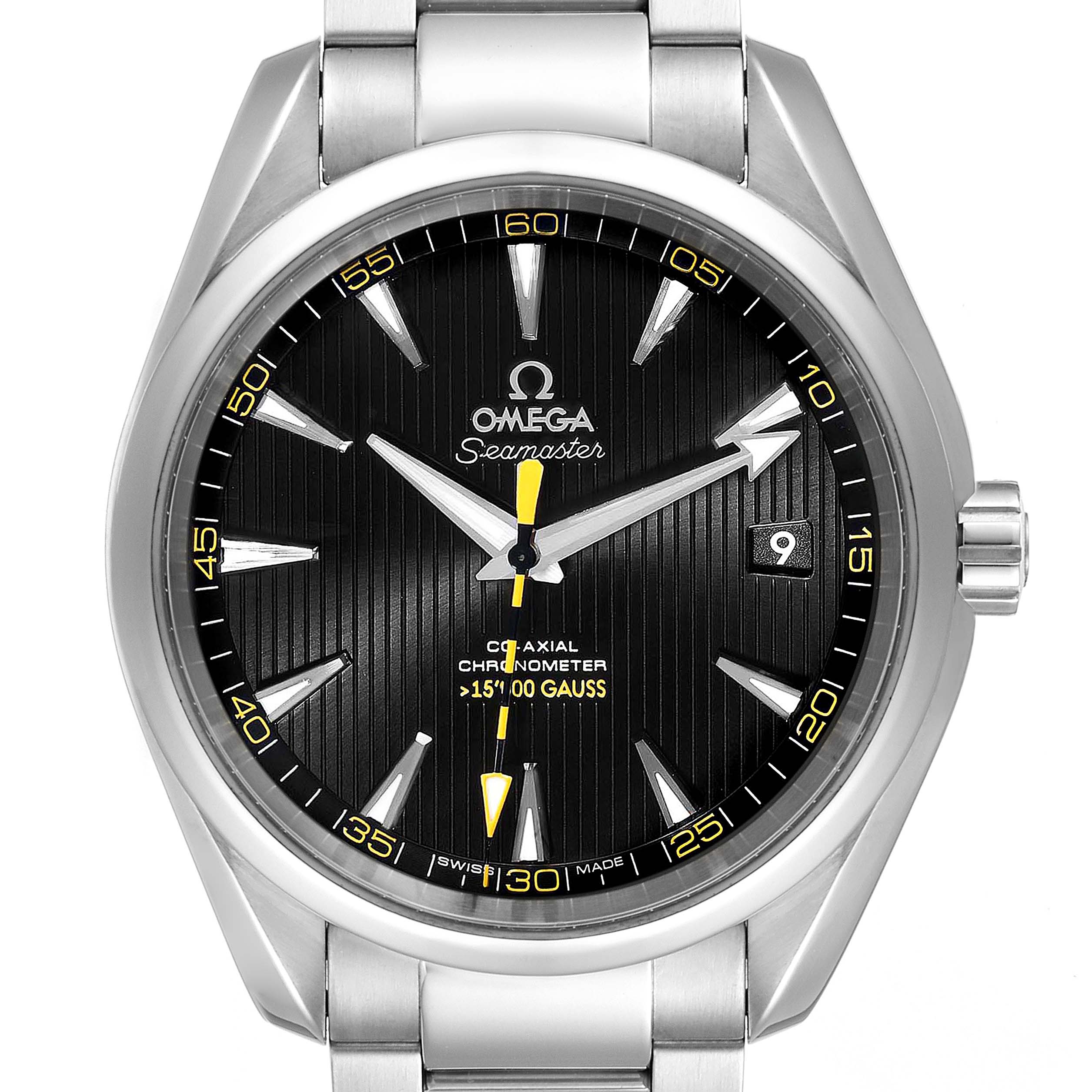 This is a close-up of the Omega Aqua Terra 231.10.42.21.01.002 Men's Stainless Steel Black Dial 231.10.42.21.01.002 Men's Stainless Steel Black Dial watch face, showing the dial, hour markers, hands, and date window at 3 o'clock.