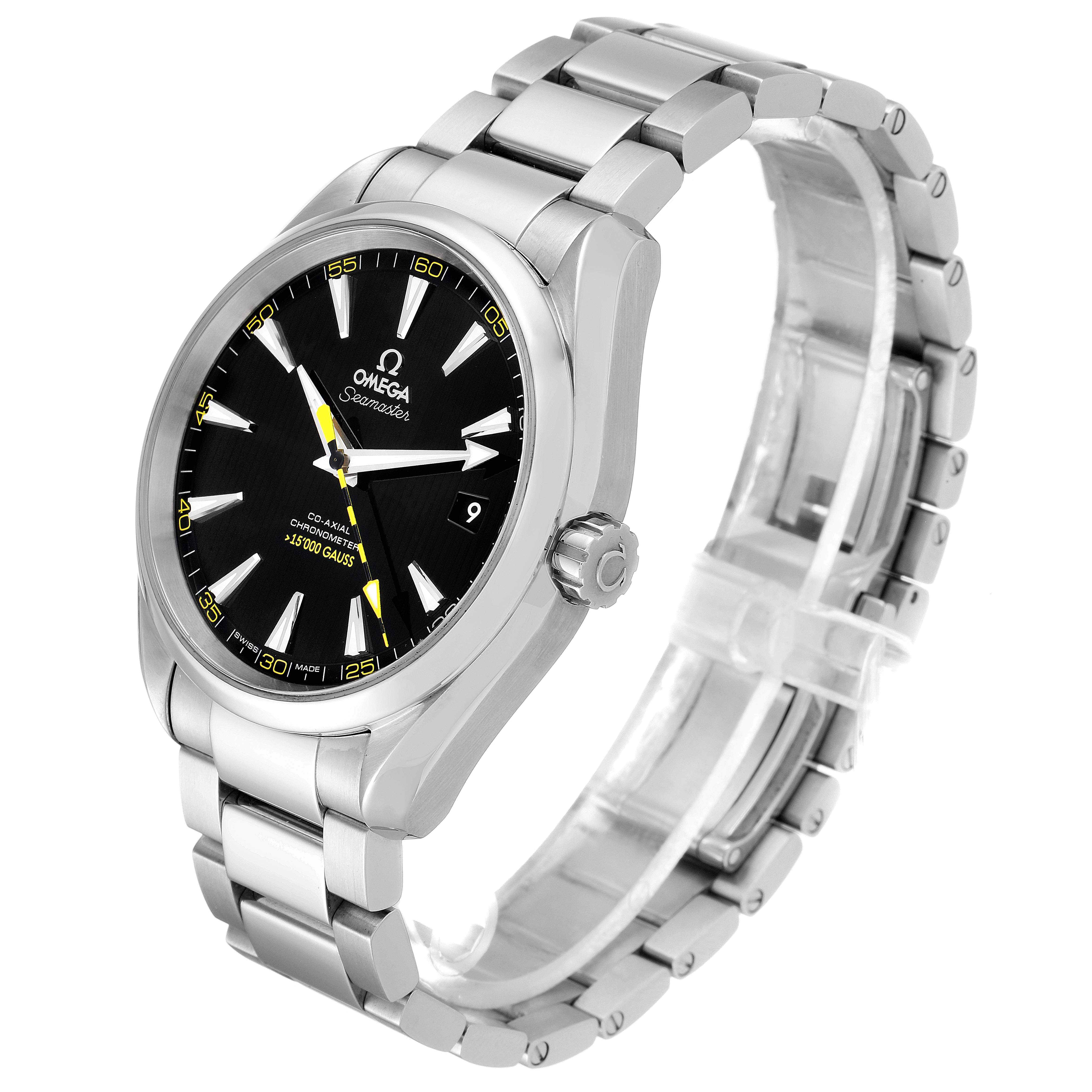 The image shows an Omega Aqua Terra 231.10.42.21.01.002 Men's Stainless Steel Black Dial 231.10.42.21.01.002 Men's Stainless Steel Black Dial watch from a front angle focusing on its face, bezel, crown, and stainless steel bracelet.