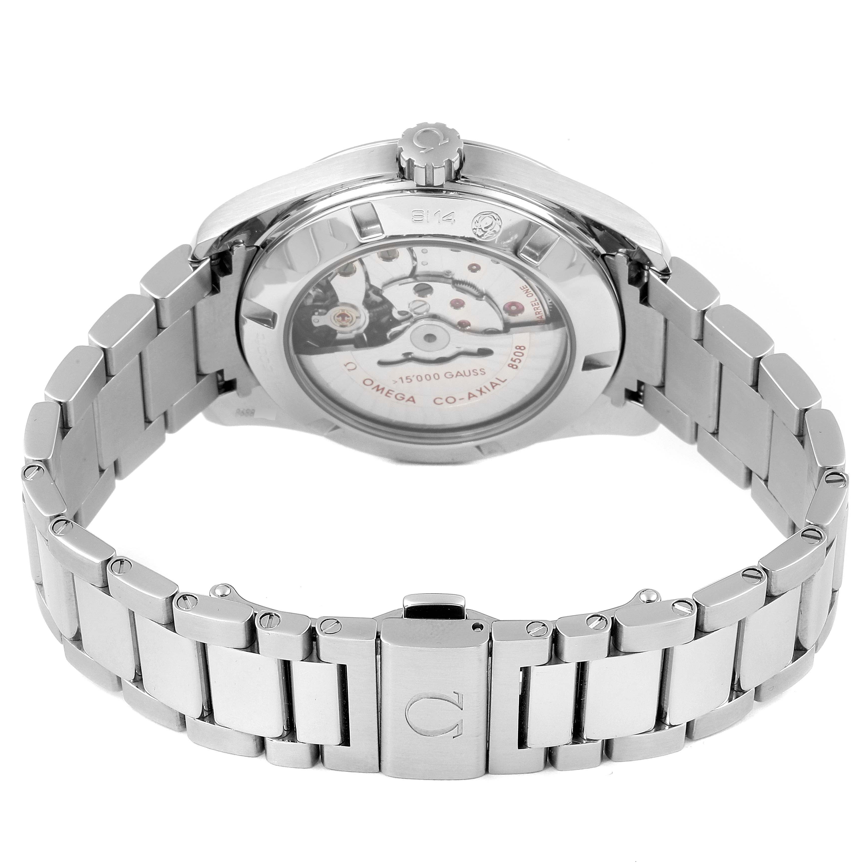 The image shows the back view of the Omega Aqua Terra 231.10.42.21.01.002 Men's Stainless Steel Black Dial 231.10.42.21.01.002 Men's Stainless Steel Black Dial watch, highlighting its stainless steel bracelet and visible movement through the case back.