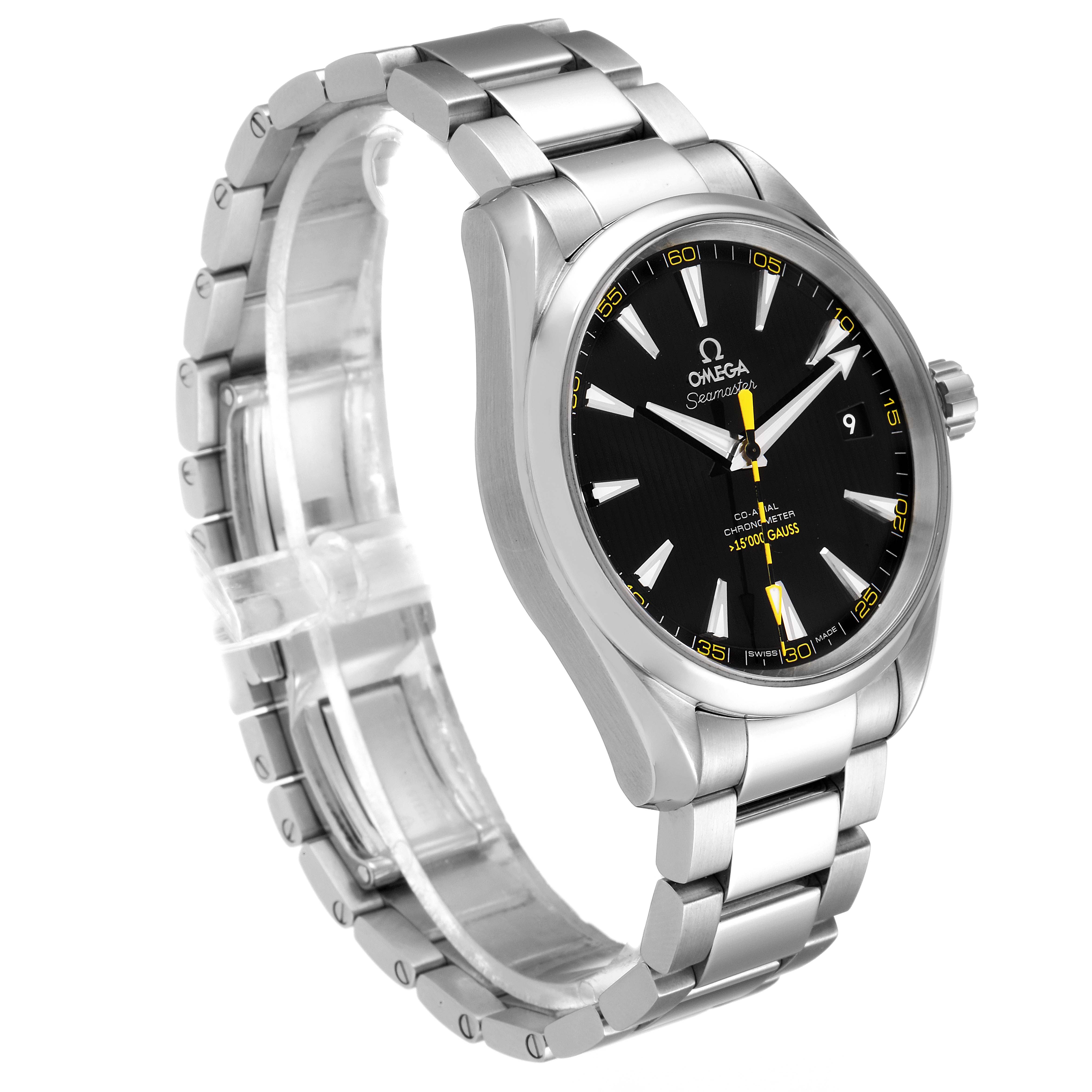 The Omega Aqua Terra 231.10.42.21.01.002 Men's Stainless Steel Black Dial 231.10.42.21.01.002 Men's Stainless Steel Black Dial watch model is shown at a three-quarters angled view, displaying the bracelet, black dial, and case.