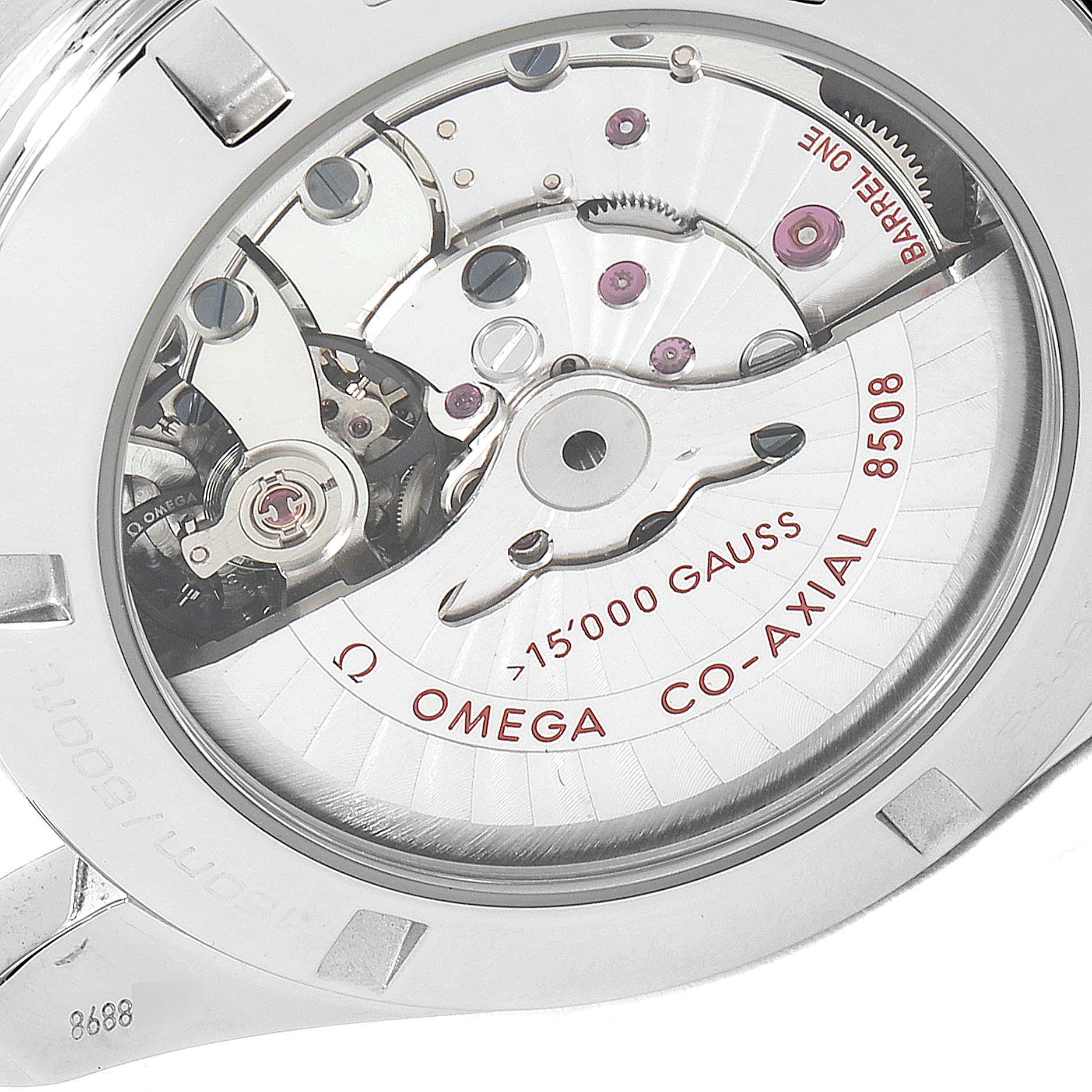 This image shows the back view of the Omega Aqua Terra 231.10.42.21.01.002 Men's Stainless Steel Black Dial 231.10.42.21.01.002 Men's Stainless Steel Black Dial watch, highlighting its Co-Axial 8508 movement mechanism.