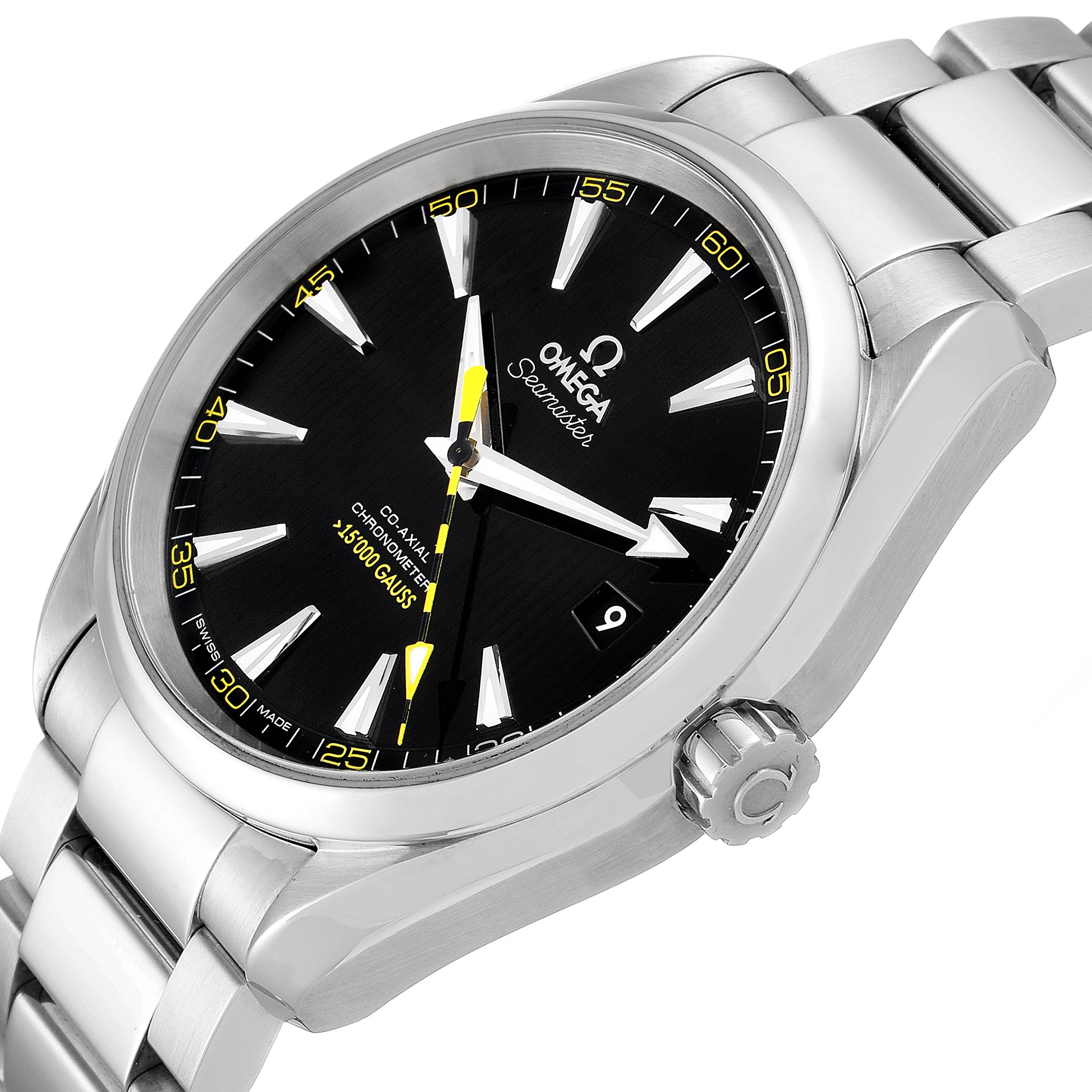 The Omega Aqua Terra 231.10.42.21.01.002 Men's Stainless Steel Black Dial 231.10.42.21.01.002 Men's Stainless Steel Black Dial watch is shown at an angle revealing the face, crown, dial, and a portion of the metal bracelet.