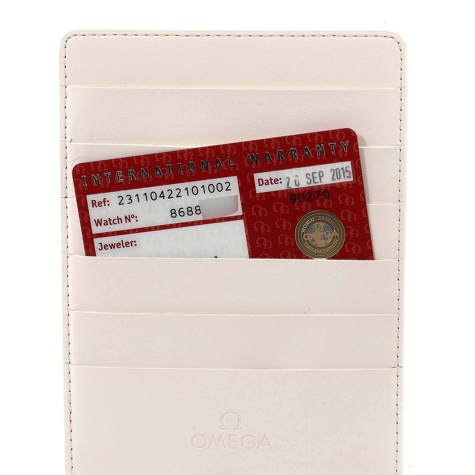 The image displays the warranty card for an Omega Aqua Terra 231.10.42.21.01.002 Men's Stainless Steel Black Dial 231.10.42.21.01.002 Men's Stainless Steel Black Dial watch, housed in a white cardholder.