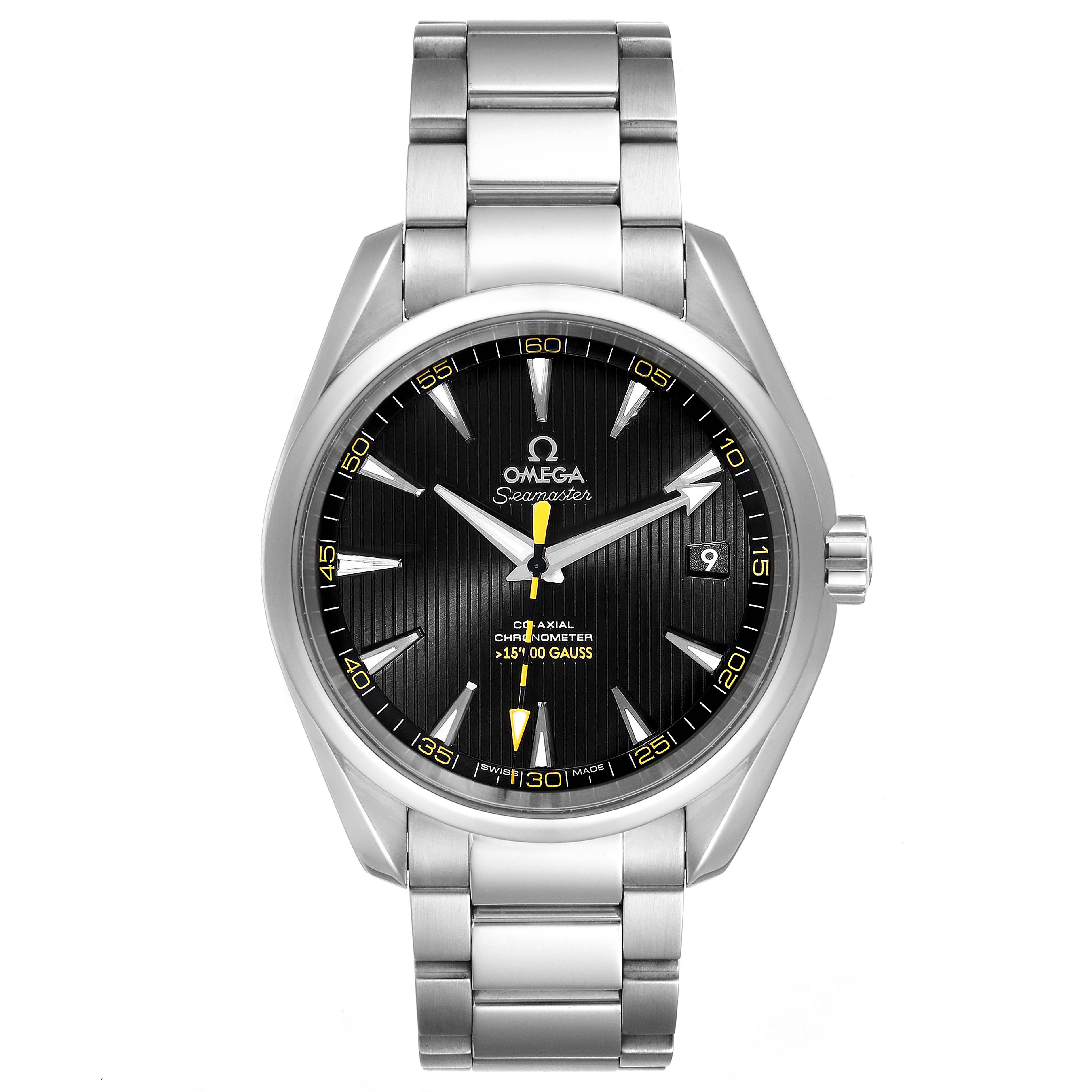 The image displays a front view of the Omega Seamaster Aqua Terra watch, showing the face, hour markers, hands, date window, and bracelet.